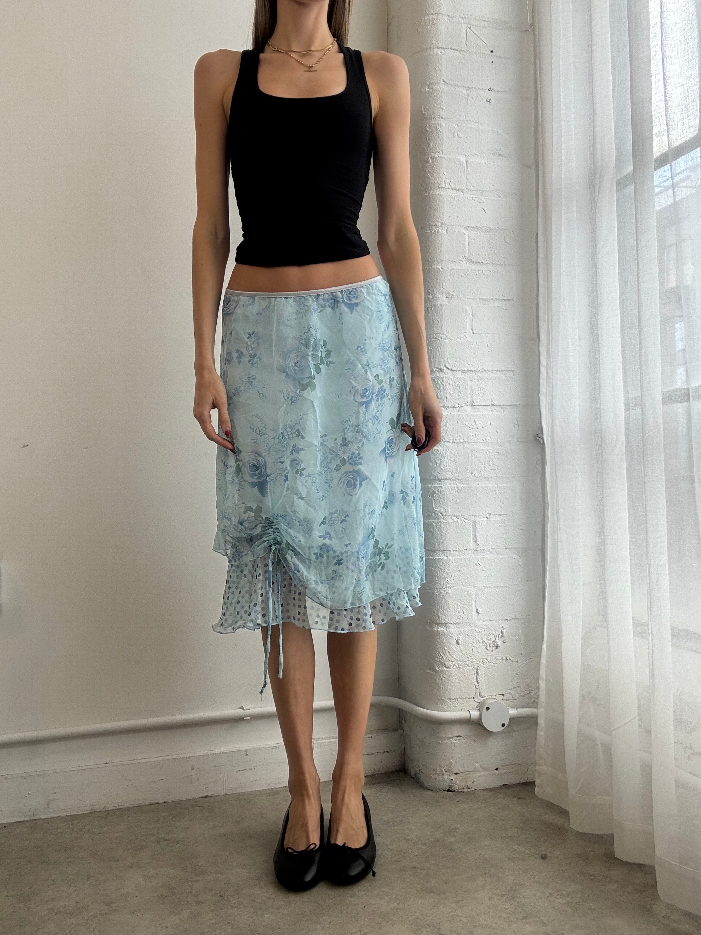 Vintage Y2K blue floral mesh midi skirt