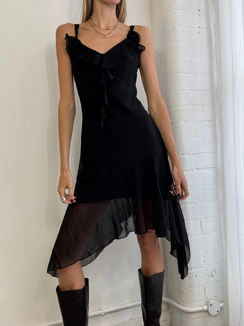 Vintage Y2K asymmetric black mesh slip dress