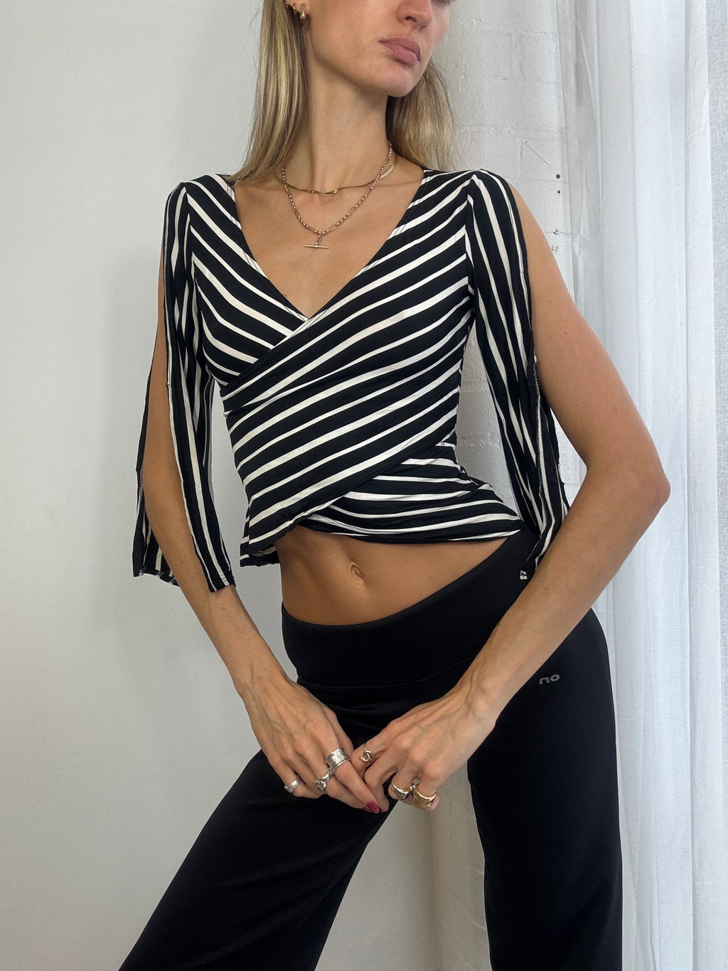 Vintage Y2K black & white striped wrap top