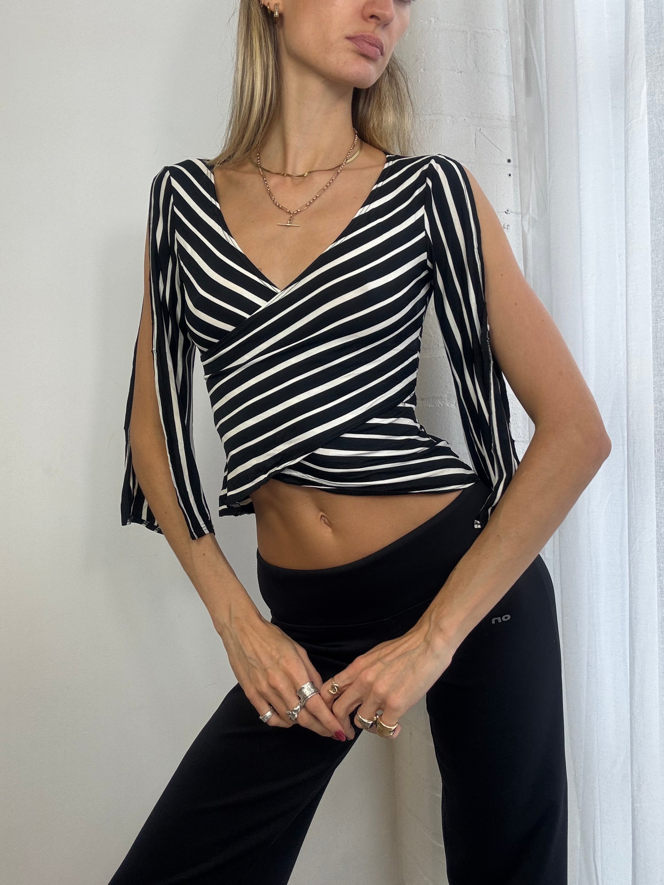 Vintage Y2K black & white striped wrap top