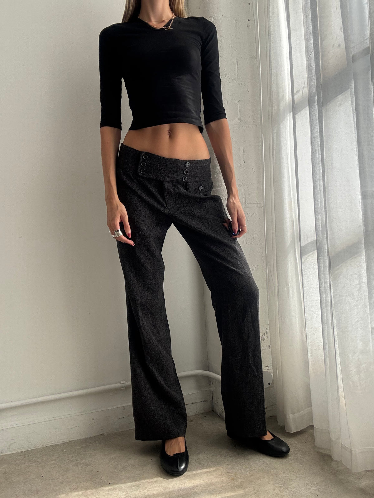 Vintage Y2K Charcoal Grey Low Rise Tailored Trousers - Size S
