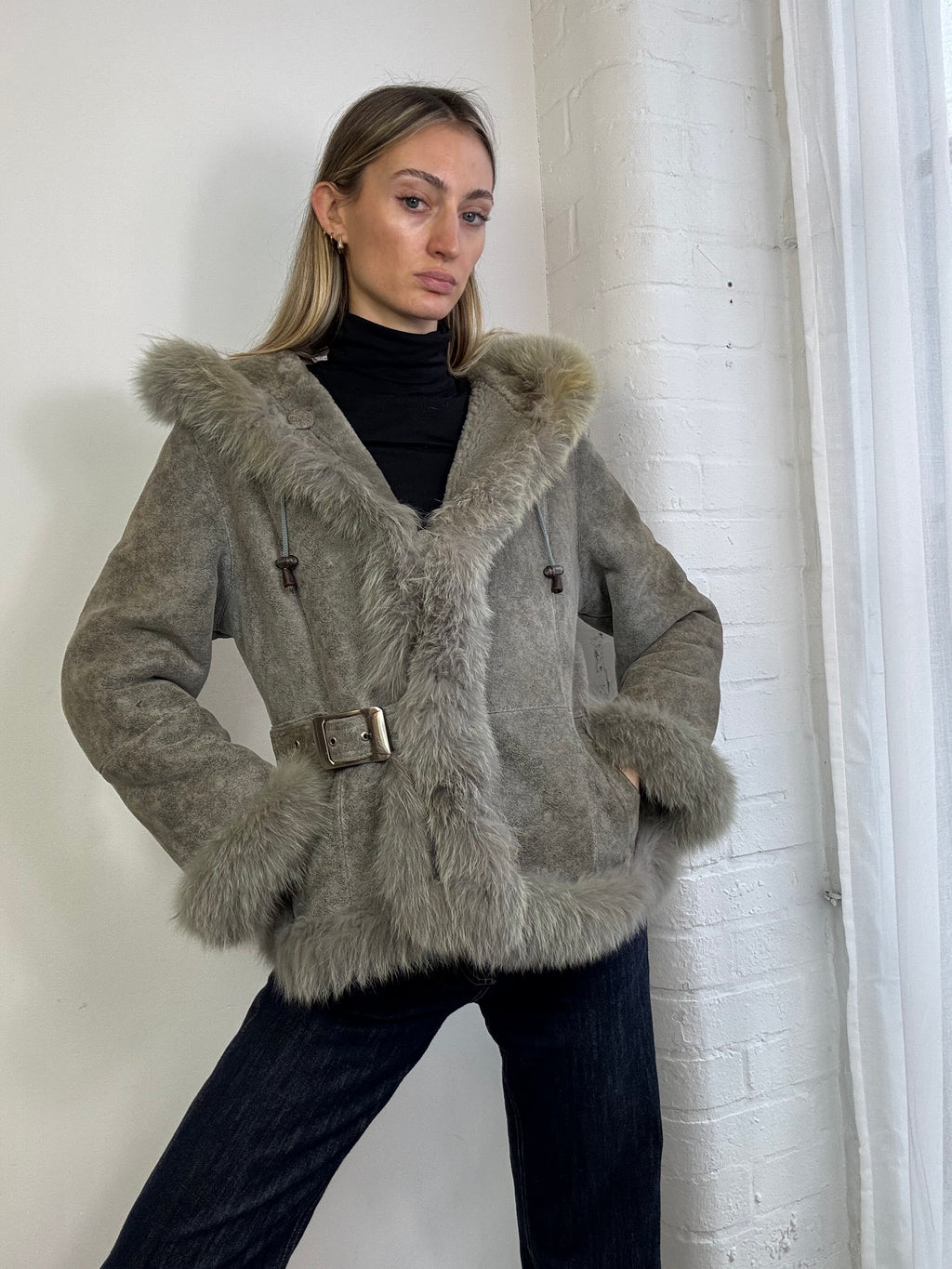 Vintage Y2K grey suede sheepskin hooded fur trim coat buckle