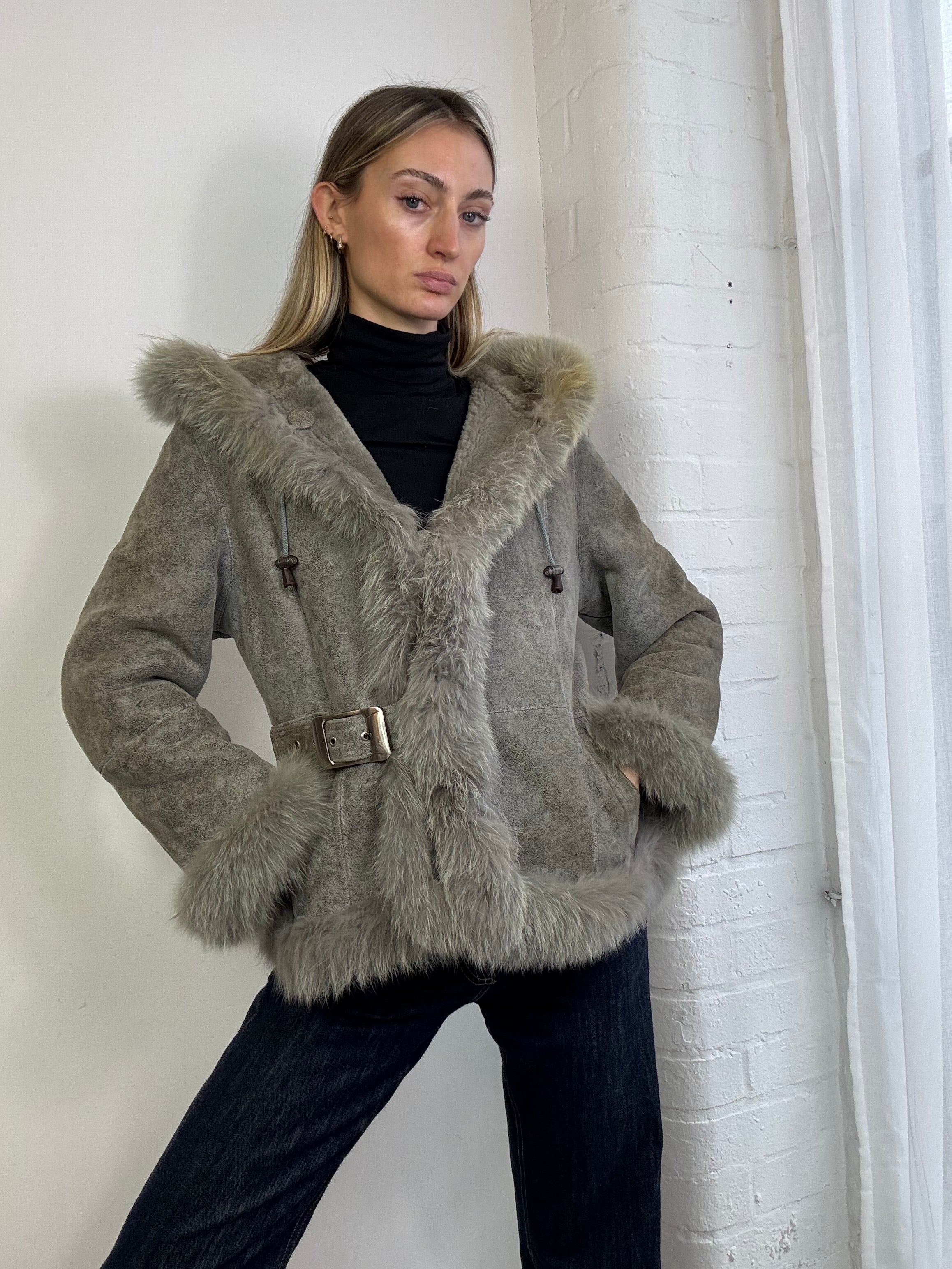 Vintage Y2K grey suede sheepskin hooded fur trim coat buckle