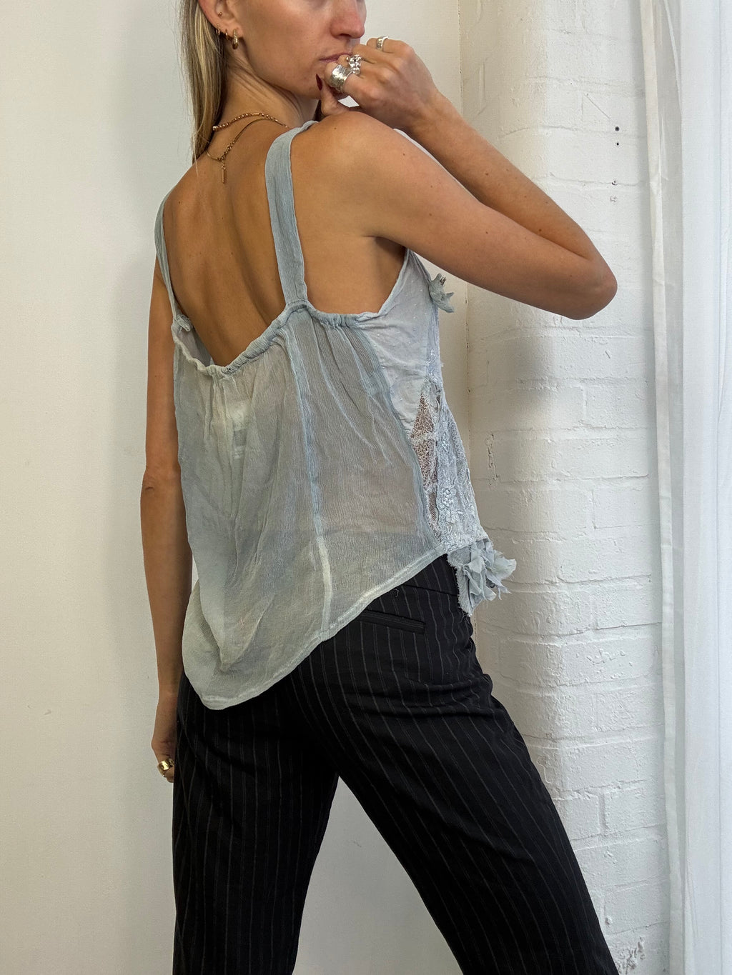 Vintage 90s silk & lace asymmetric ruffle cami top