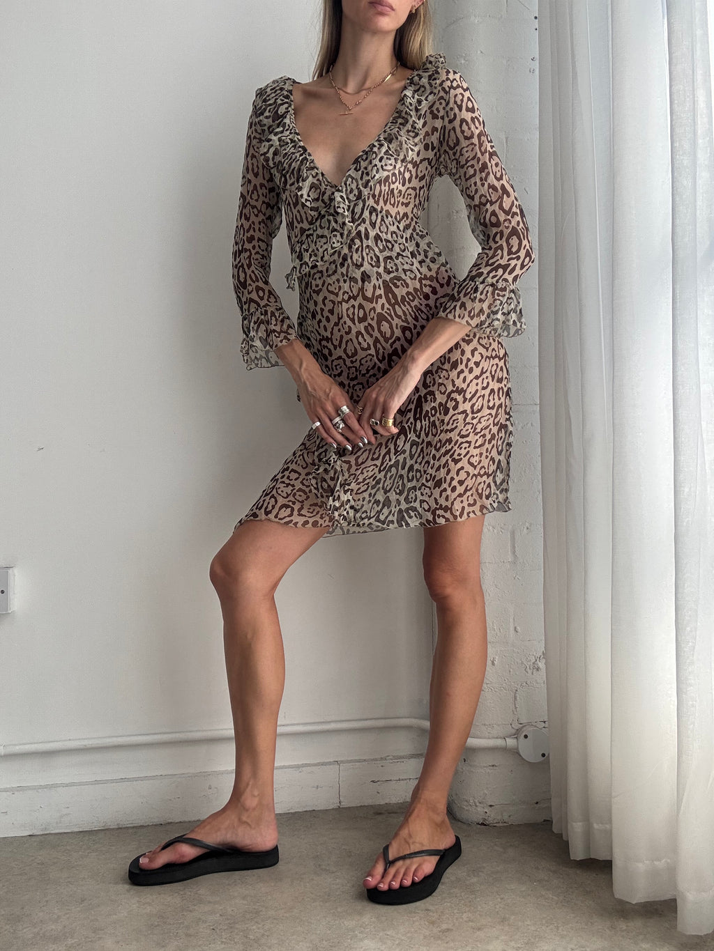 Vintage Y2K Leopard Print 100% Silk Mini Dress – Sheer Animal Print Dress - Size M