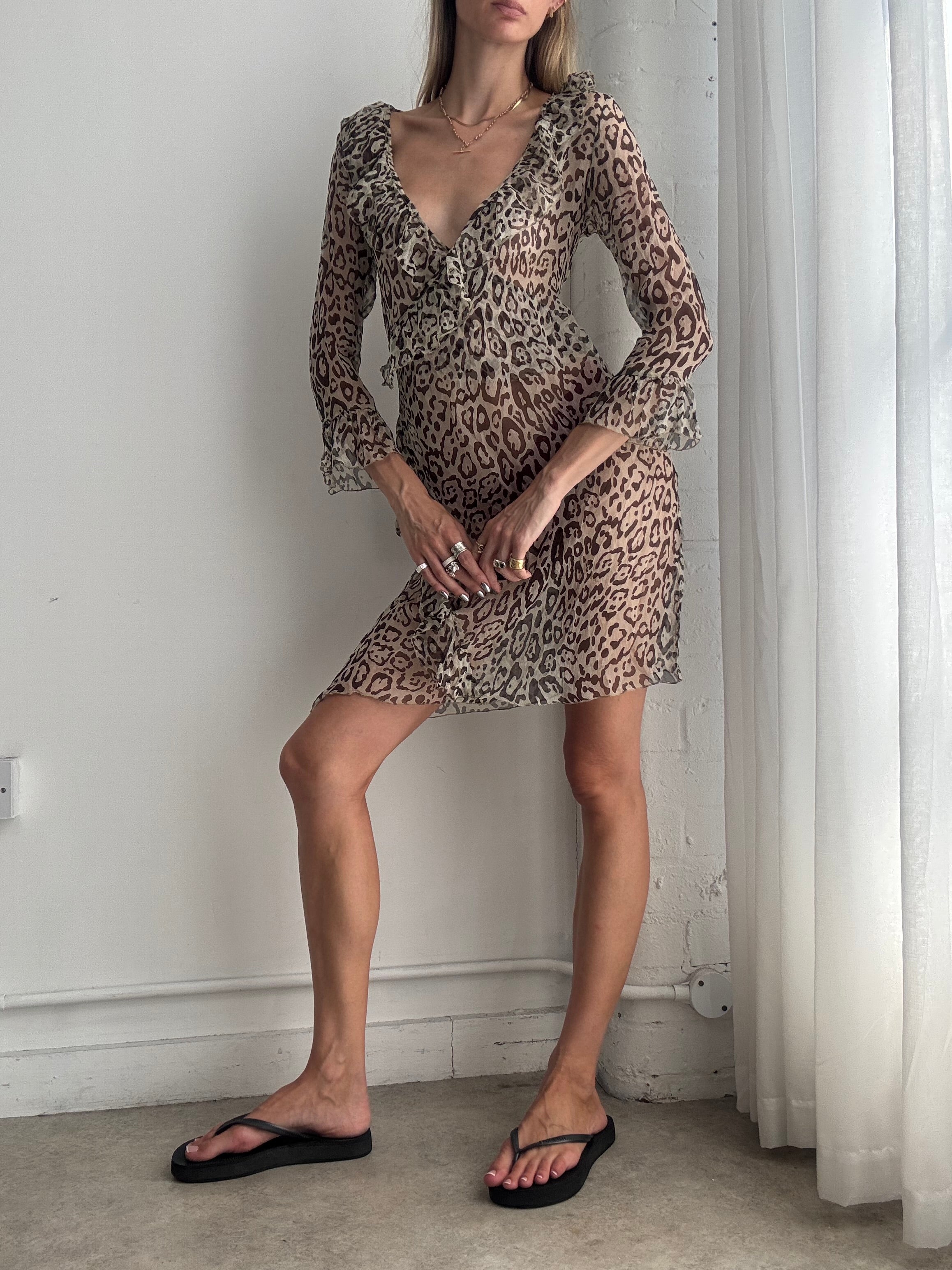 Vintage Y2K Leopard Print 100% Silk Mini Dress – Sheer Animal Print Dress - Size M