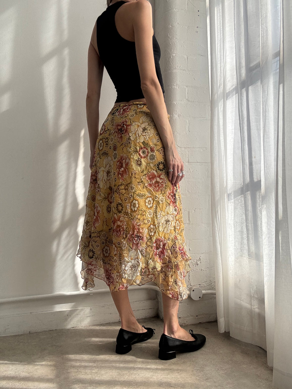 Vintage Y2K yellow silk floral beaded midi skirt asymmetric fairy