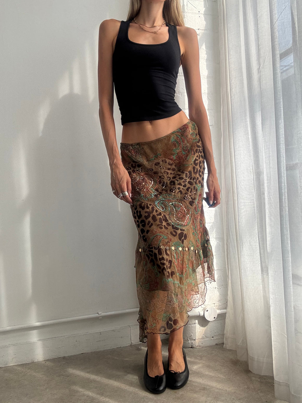 Vintage Y2K Brown Abstract Paisley Animal Print Mesh Asymmetric Midi Skirt - Size M/L