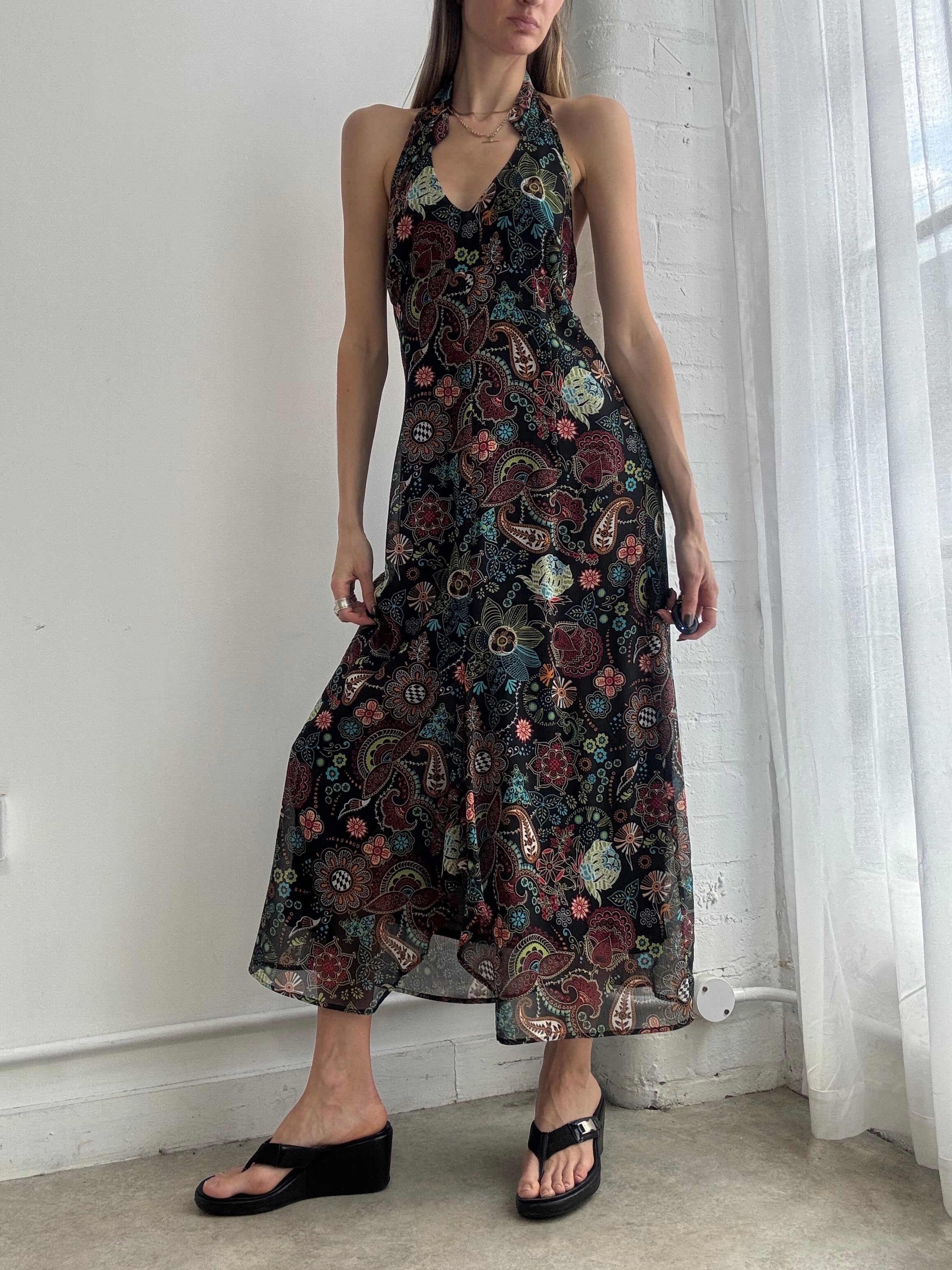 Vintage Y2K paisley floral halter maxi dress - Size L