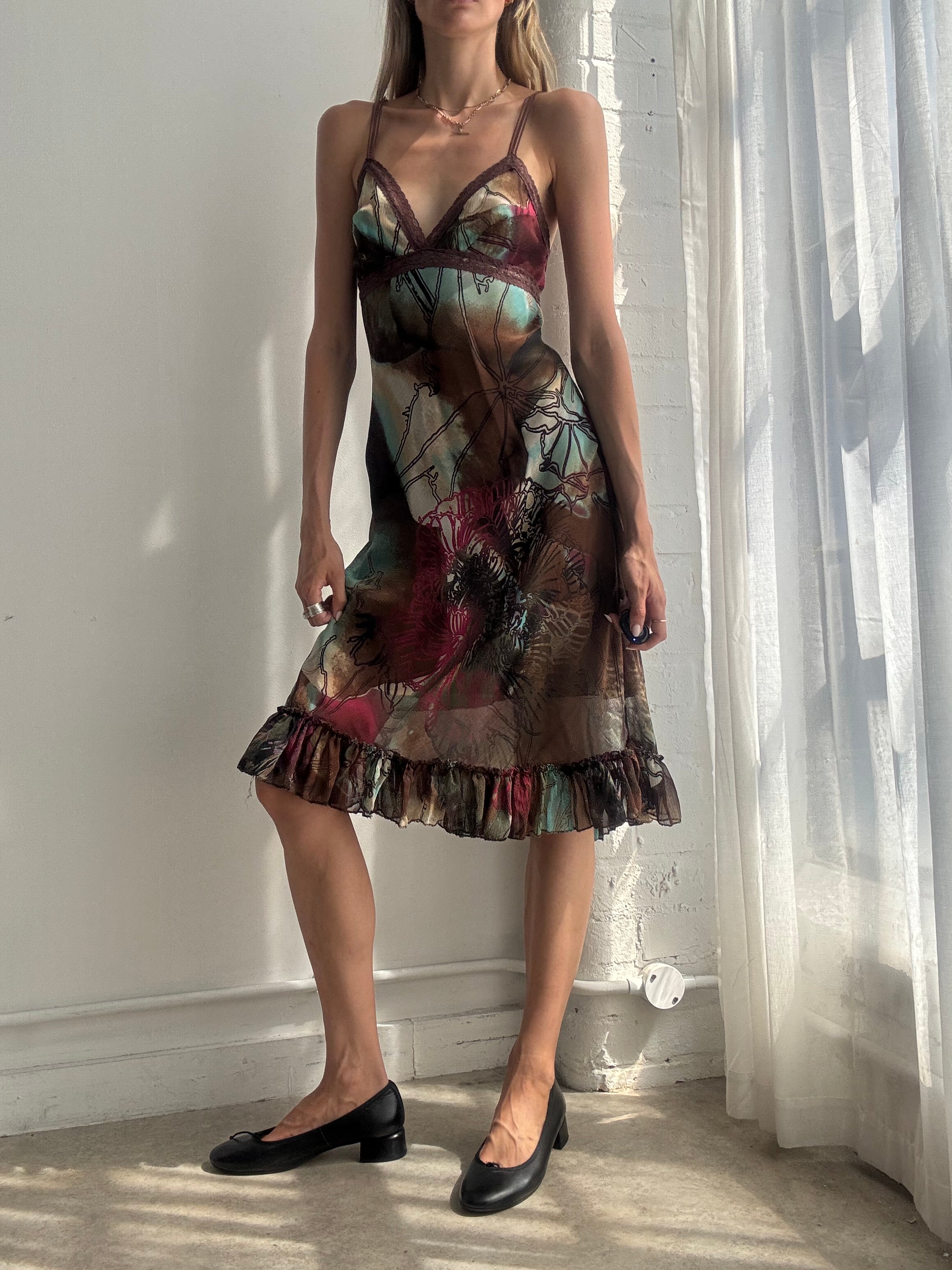 Vintage Y2K Abstract Mesh Slip Dress - Size S/M