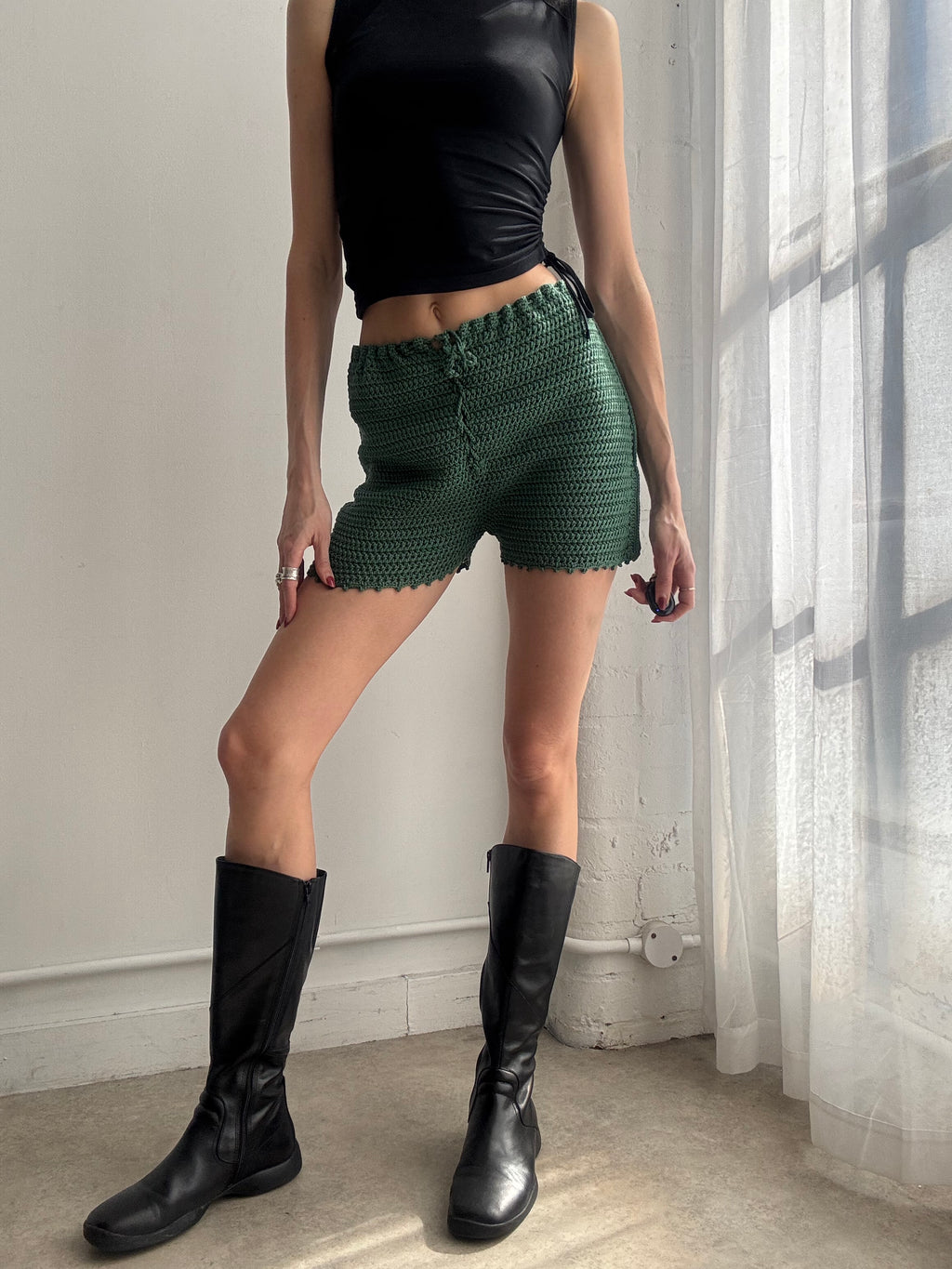 Vintage Y2K green crochet knit lace up shorts