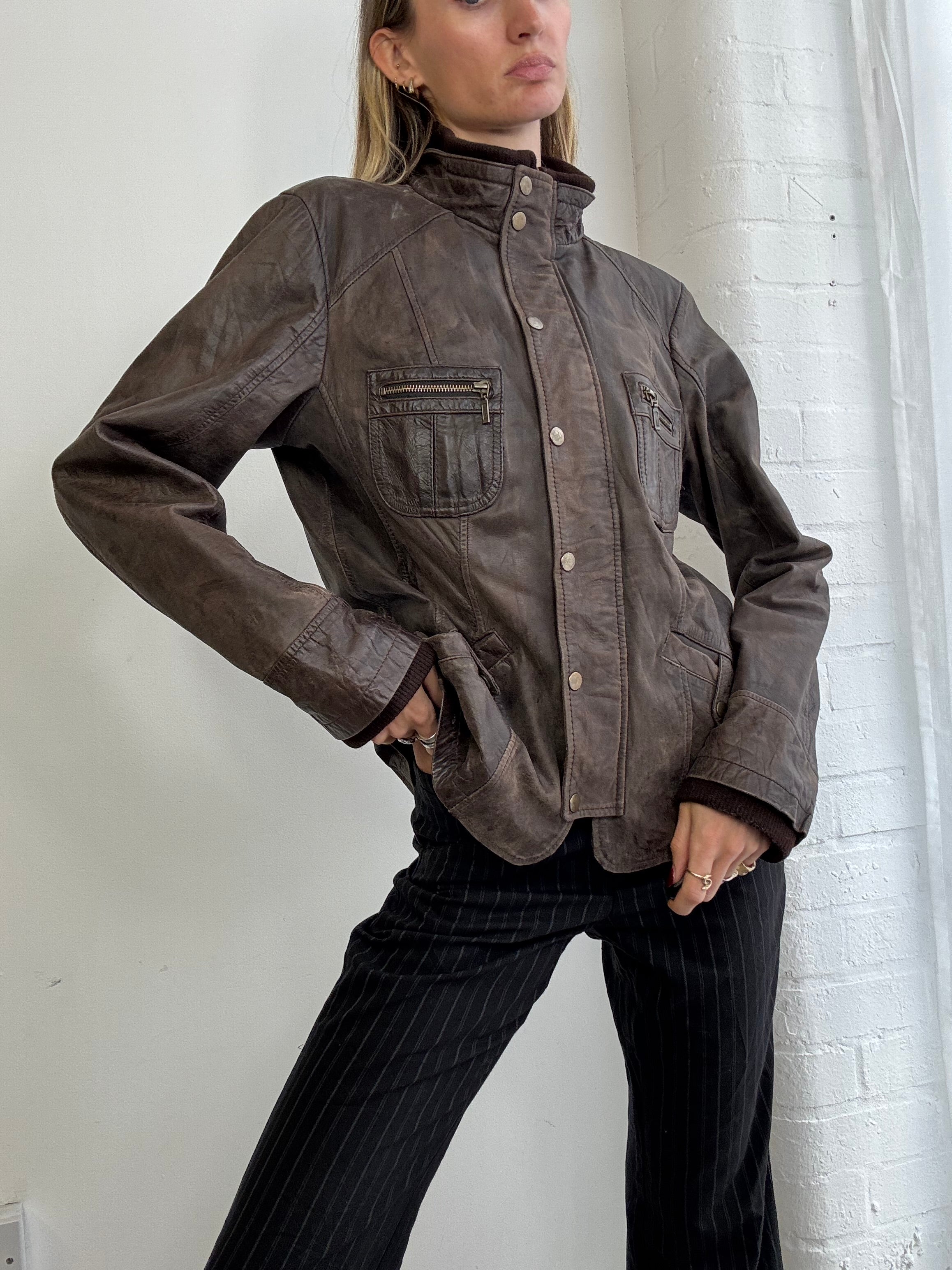 Vintage Y2K brown leather biker jacket