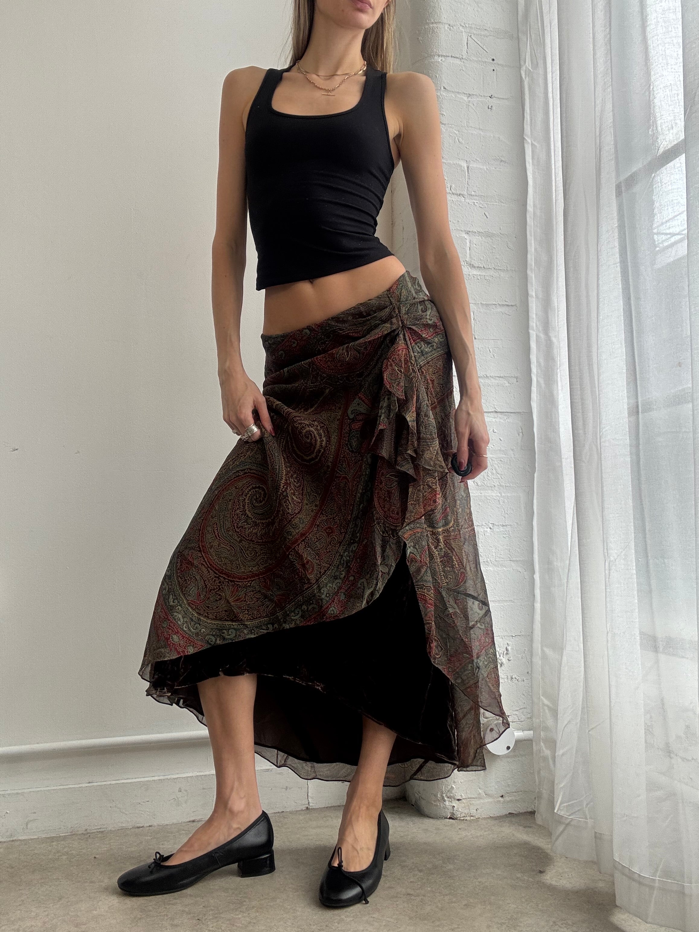 Vintage Y2K Ralph Lauren silk paisley print asymmetric maxi skirt