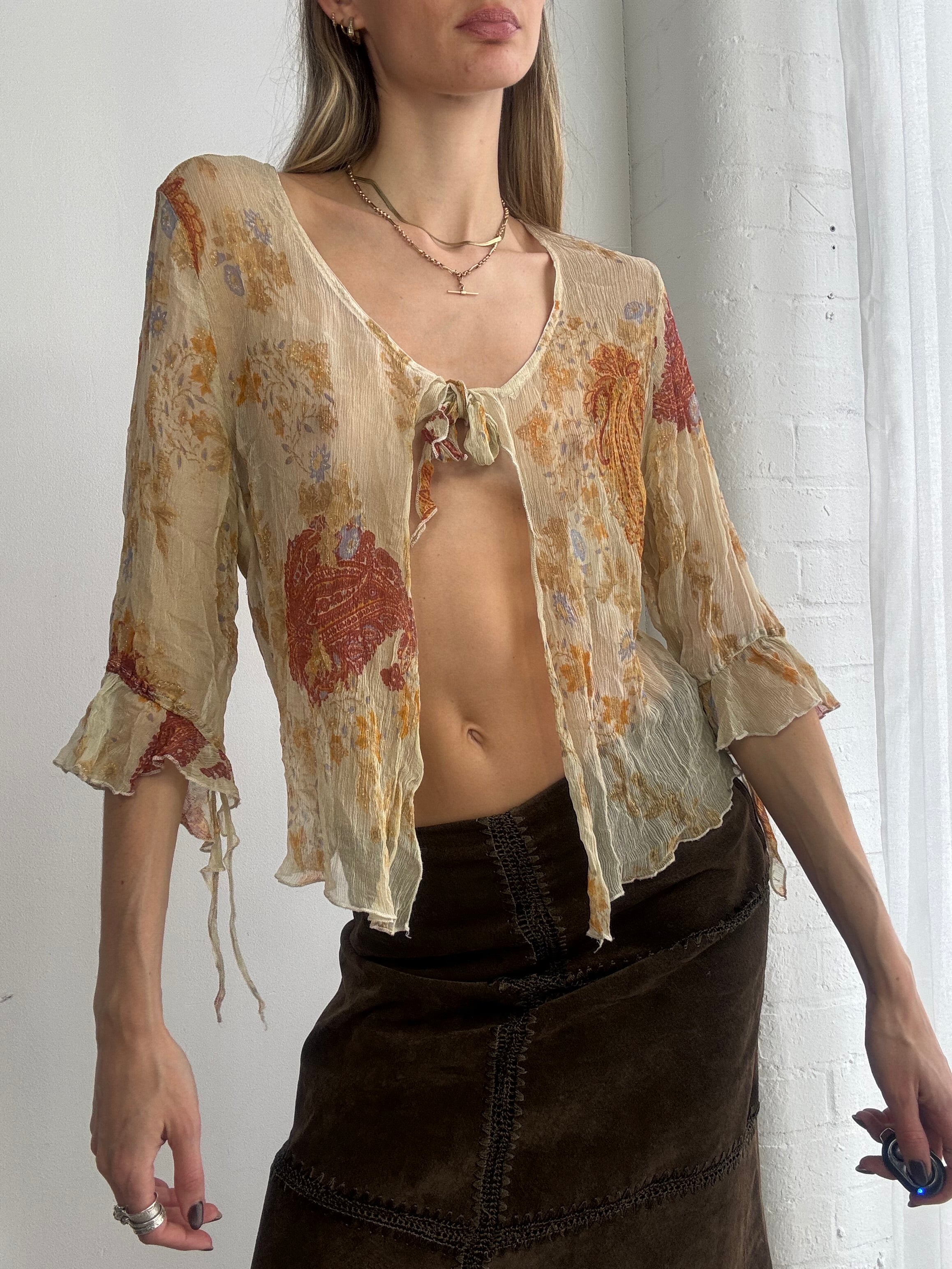 Vintage Y2K sheer floral tie-front silk blouse - Size L