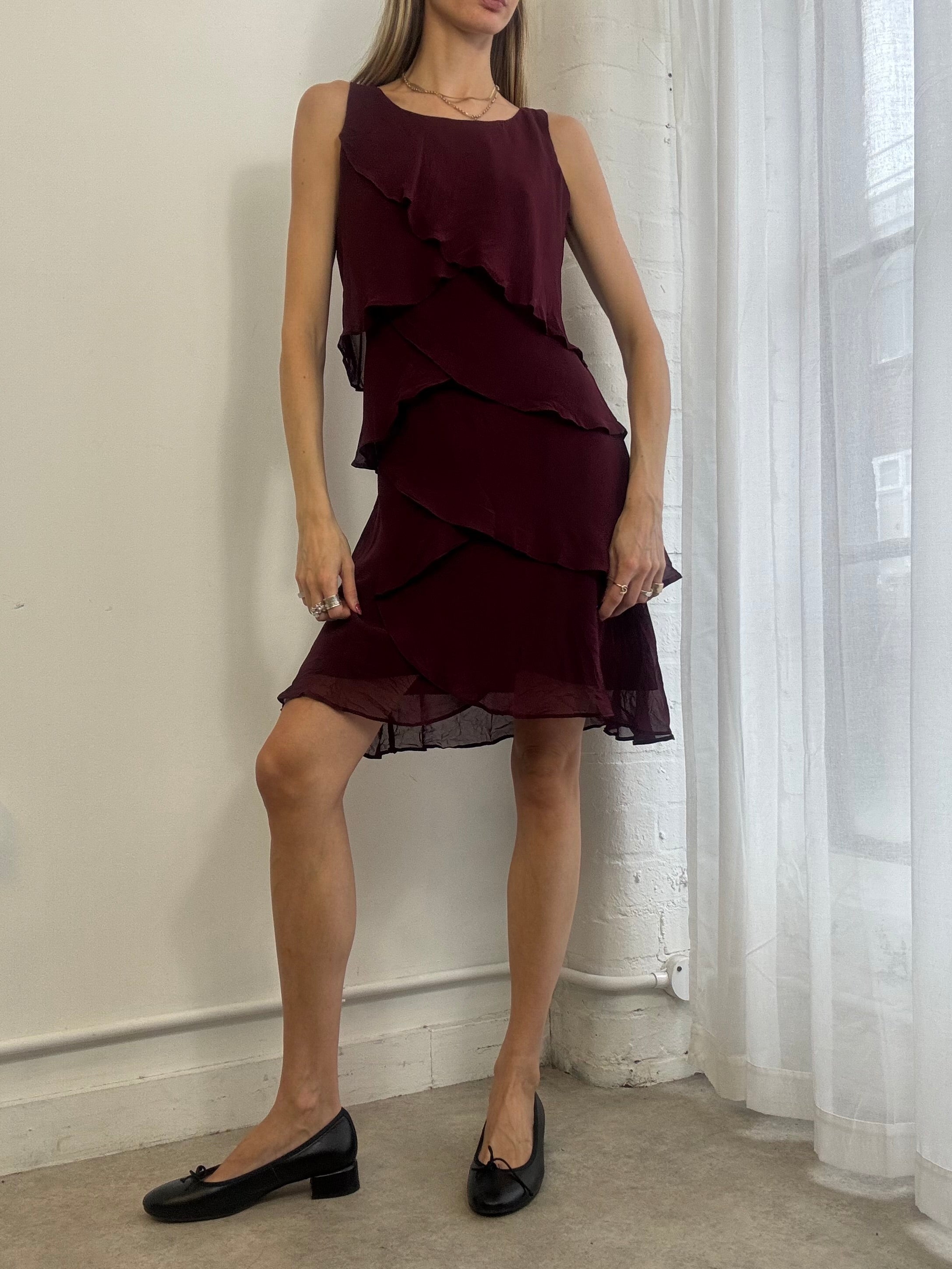 Vintage Y2k Burgundy Mesh Ruffle Mini Dress