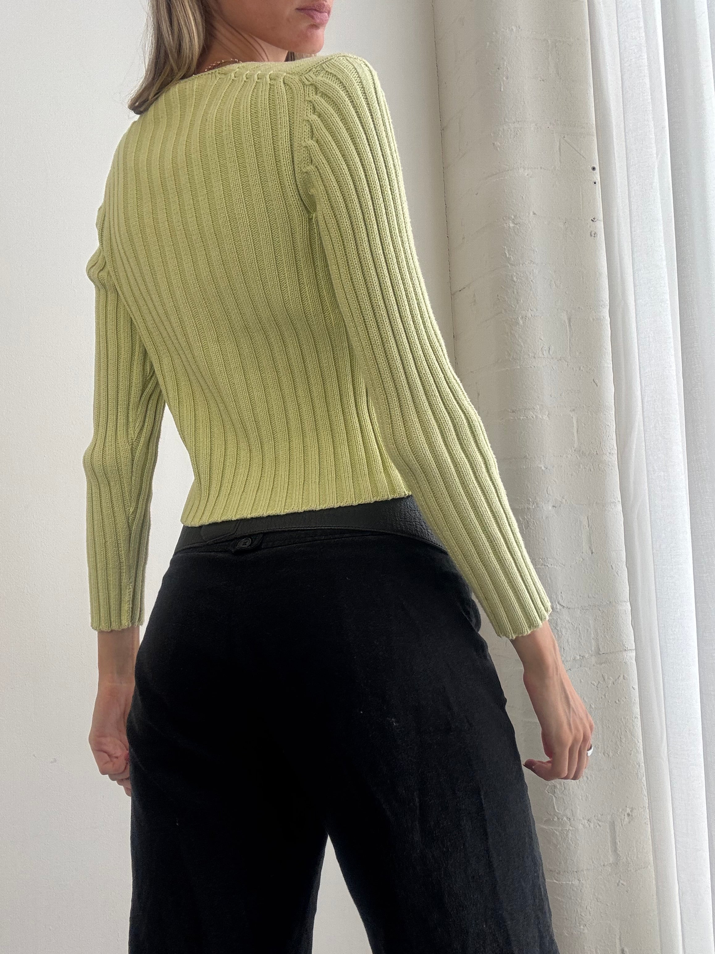 Vintage Y2K Lime Green Ribbed Zip Front Cardigan - Size S/M
