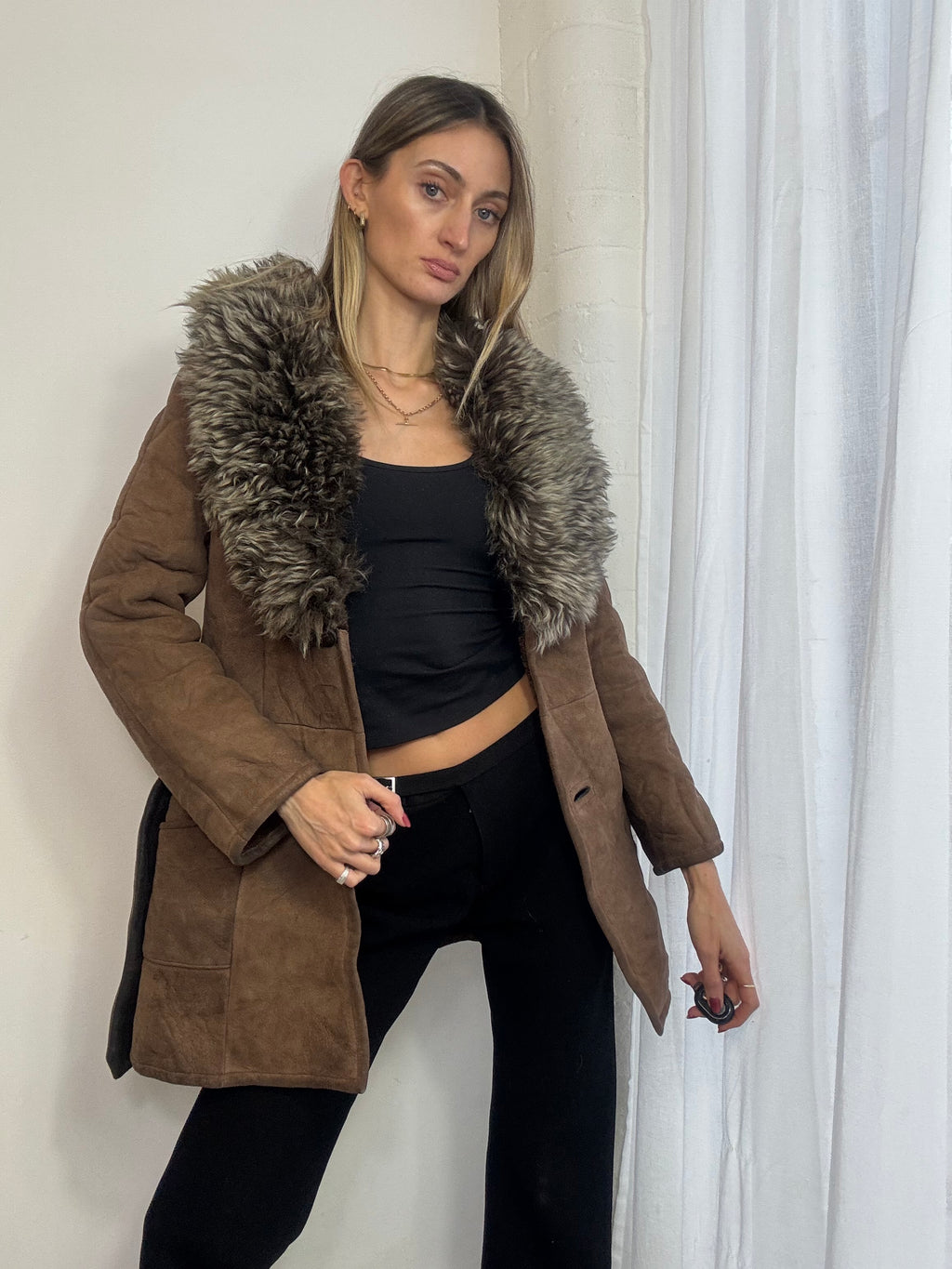 Vintage sheepskin belted coat