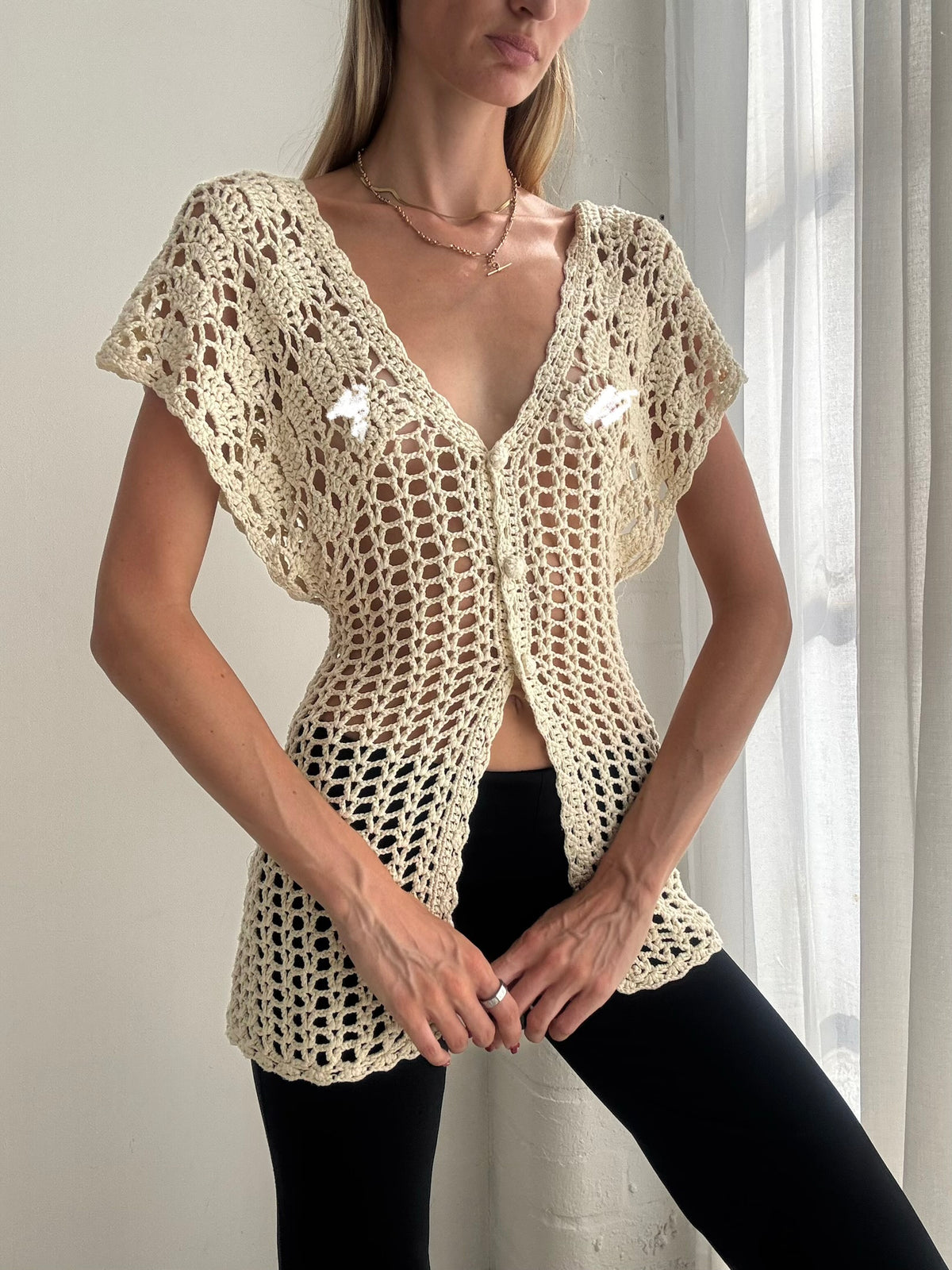 Vintage 90s Cream Crochet Button Up Top - Size S