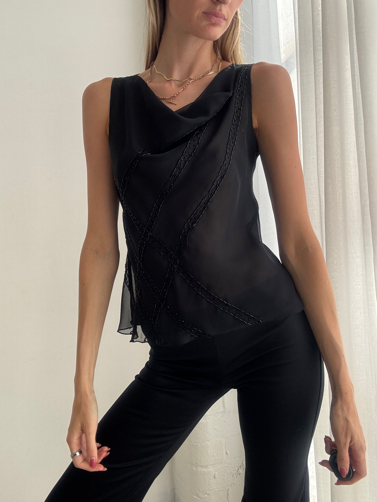 Vintage Y2K Black Sheer Cowl Neck Beaded Top - Size M