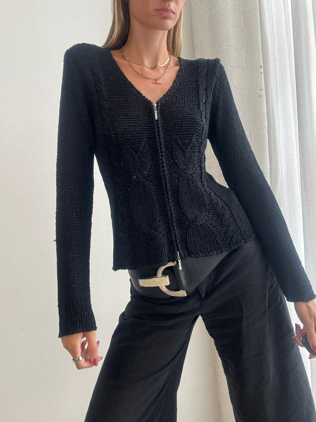 Vintage Y2K Black Knit Fitted Dual Zip Cardigan Jumper - Size M