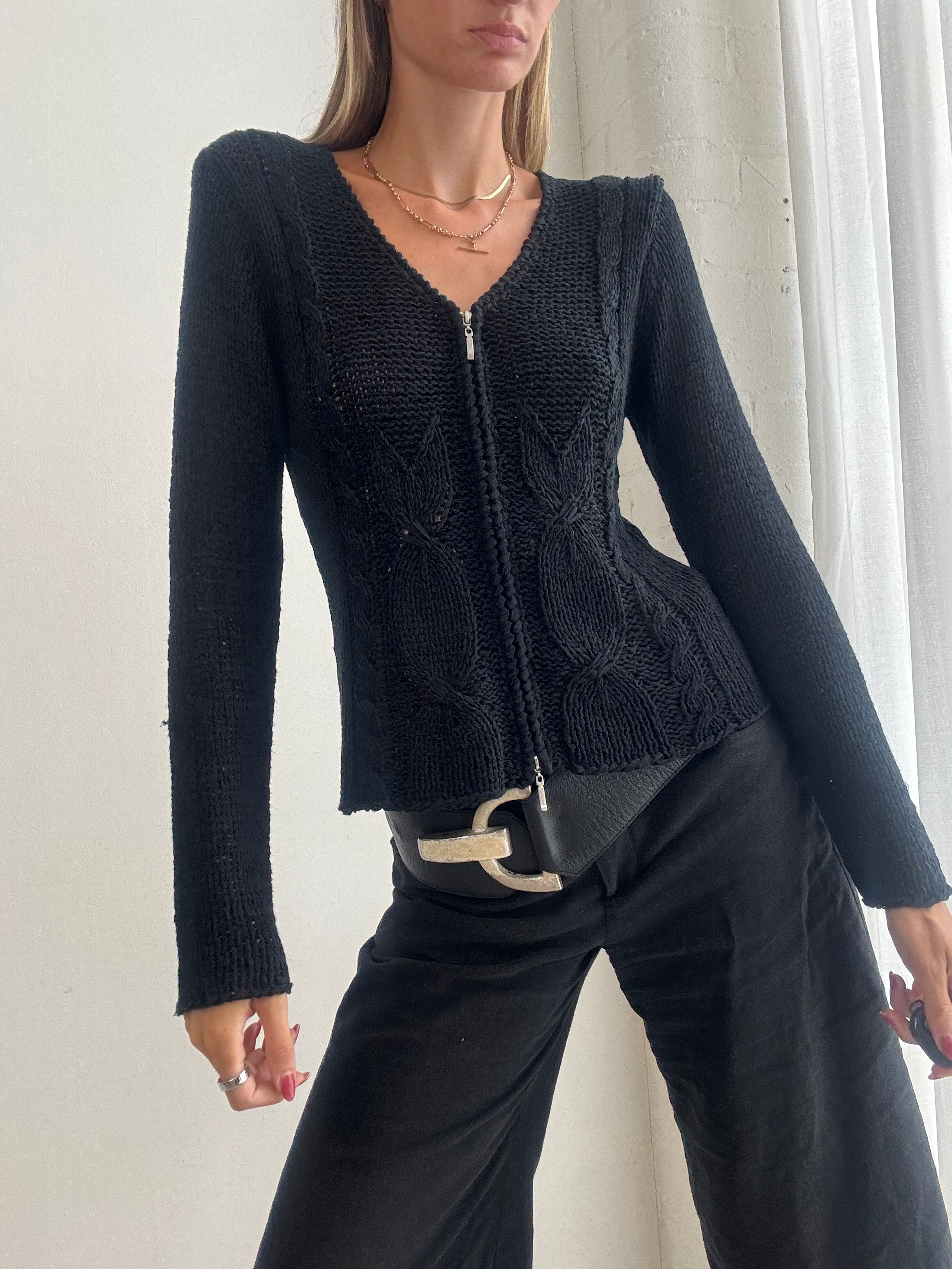 Vintage Y2K Black Knit Fitted Dual Zip Cardigan Jumper - Size M
