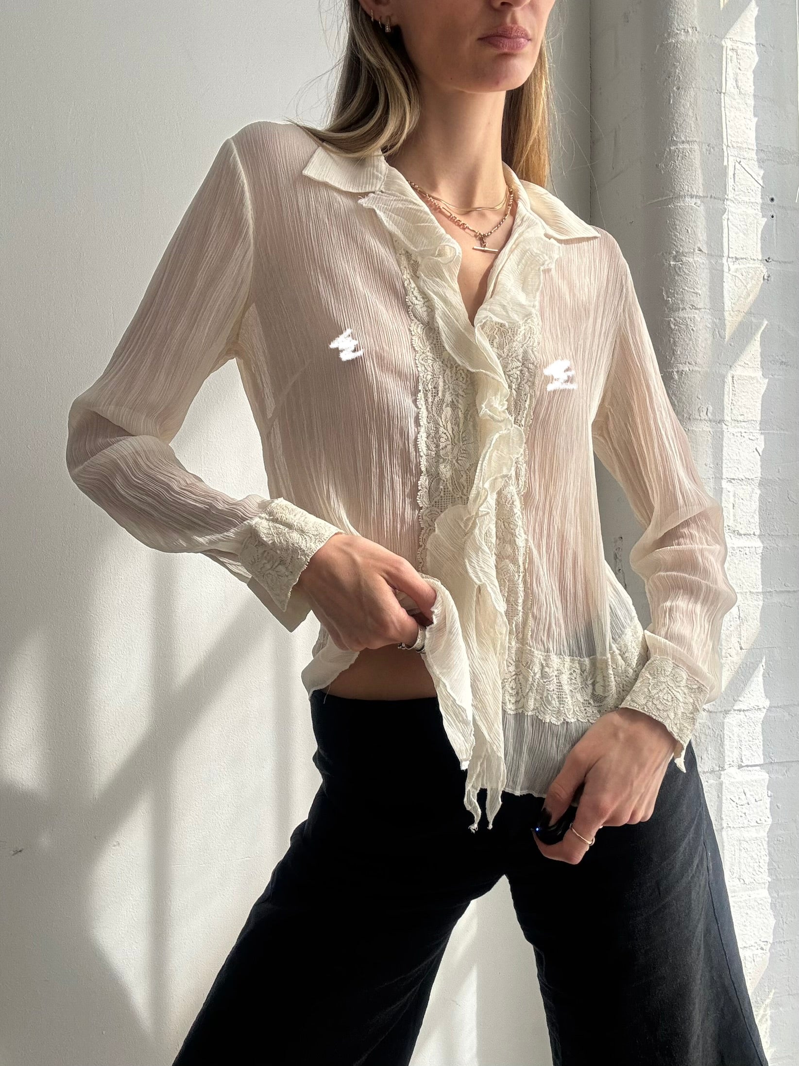 Vintage Y2K sheer ivory chiffon blouse - Size S