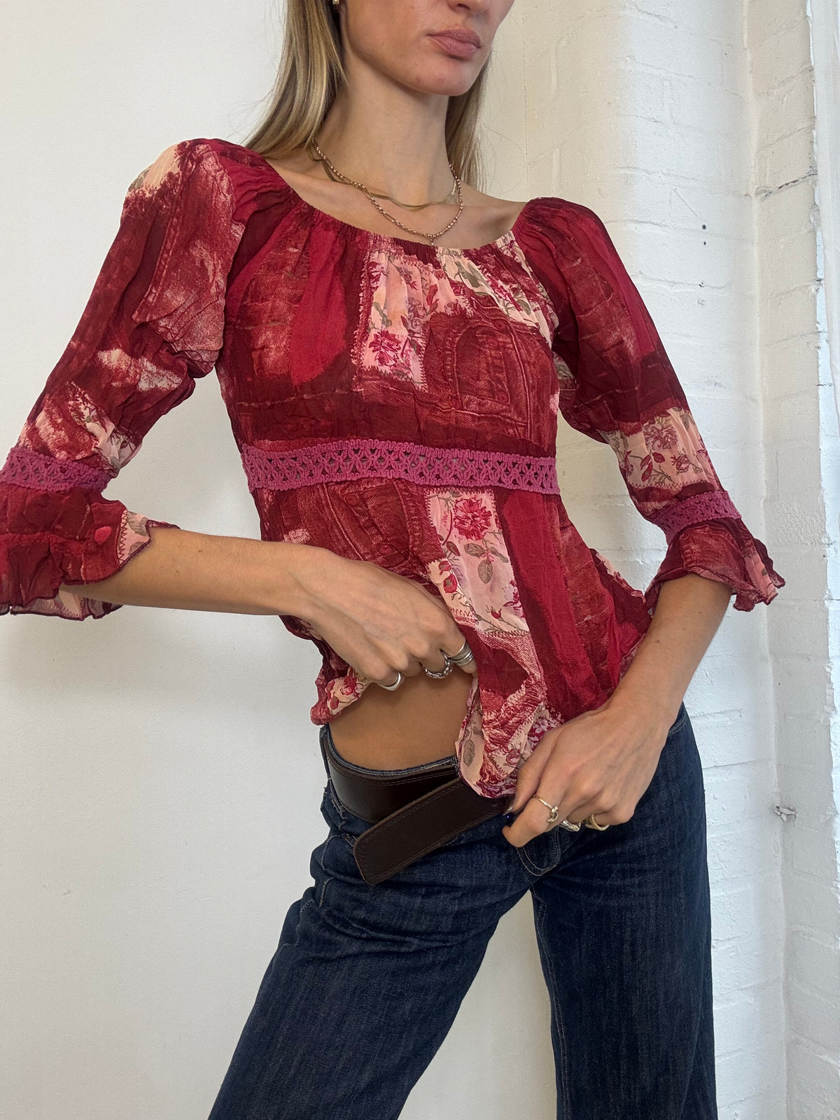 Vintage Y2K Red Floral Patchwork Bardot Peasant Top - Size S/M