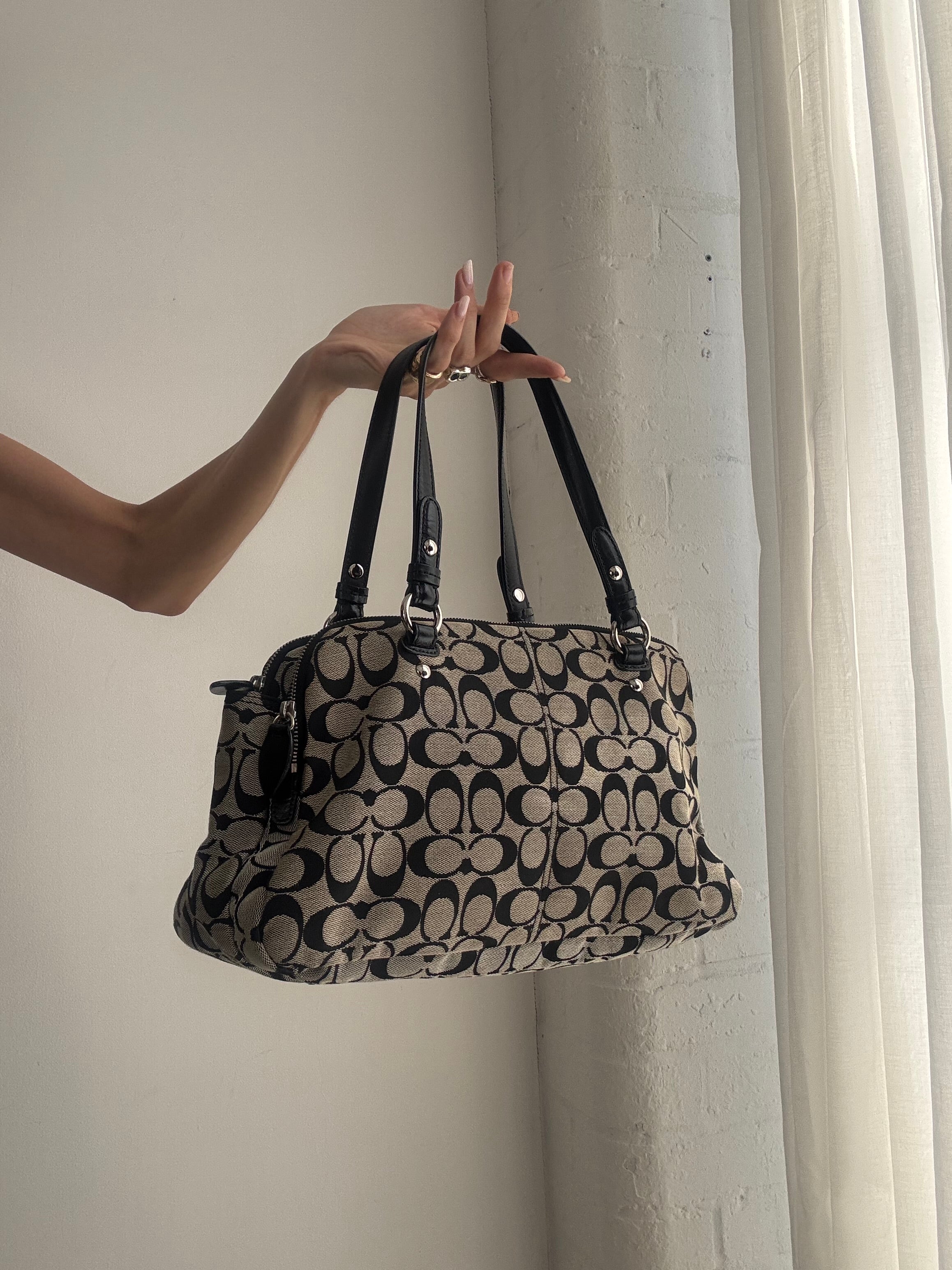 Vintage Y2K Coach Signature Penelope Satchel Bag – Black & Grey Monogram Canvas Shoulder Bag