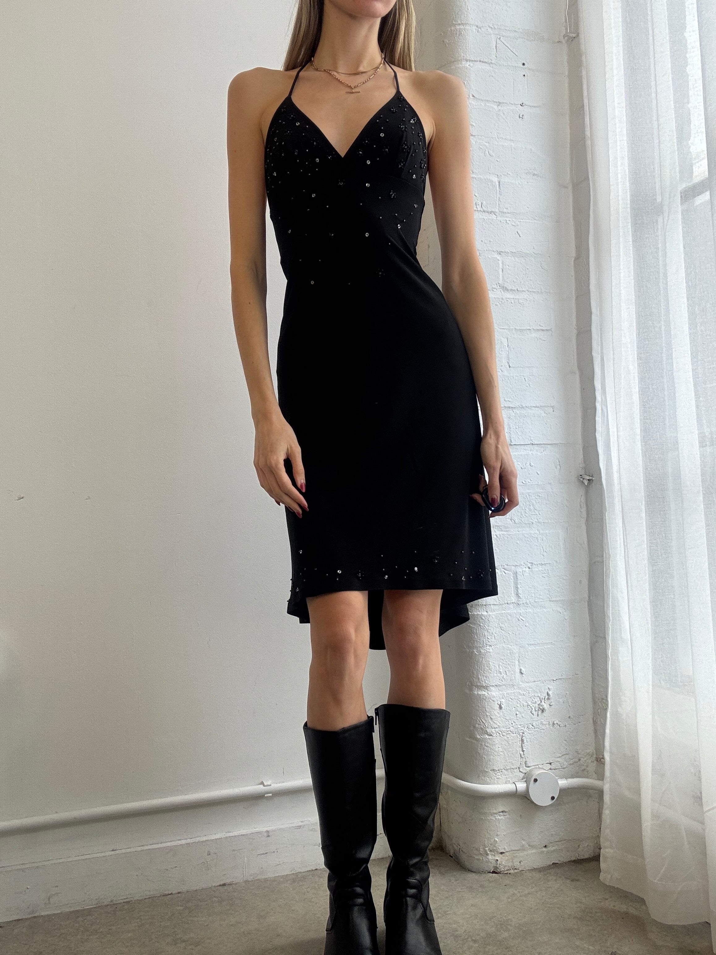 Vintage Y2K black beaded halter mini dress