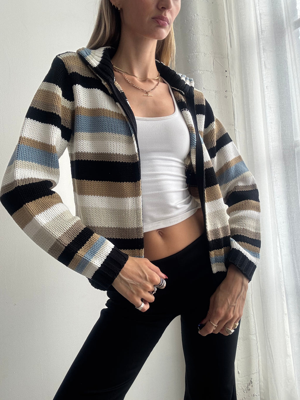 Vintage Y2K Neutral Striped Zip Up Knit Cardigan - Size M