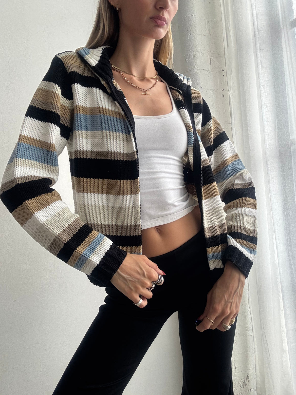 Vintage Y2K Neutral Striped Zip Up Knit Cardigan - Size M