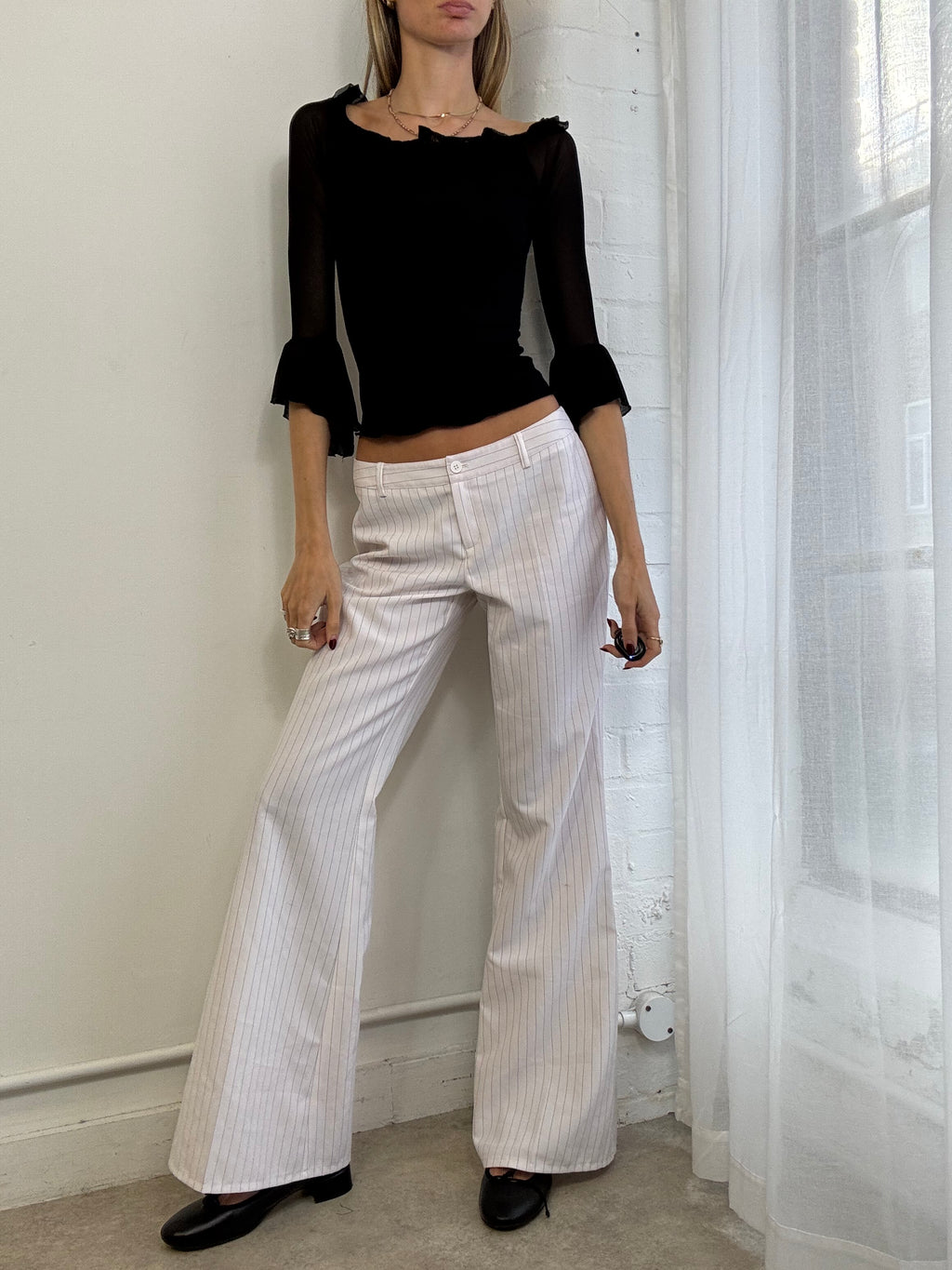 Vintage Y2K white pinstripe wide leg suit pants