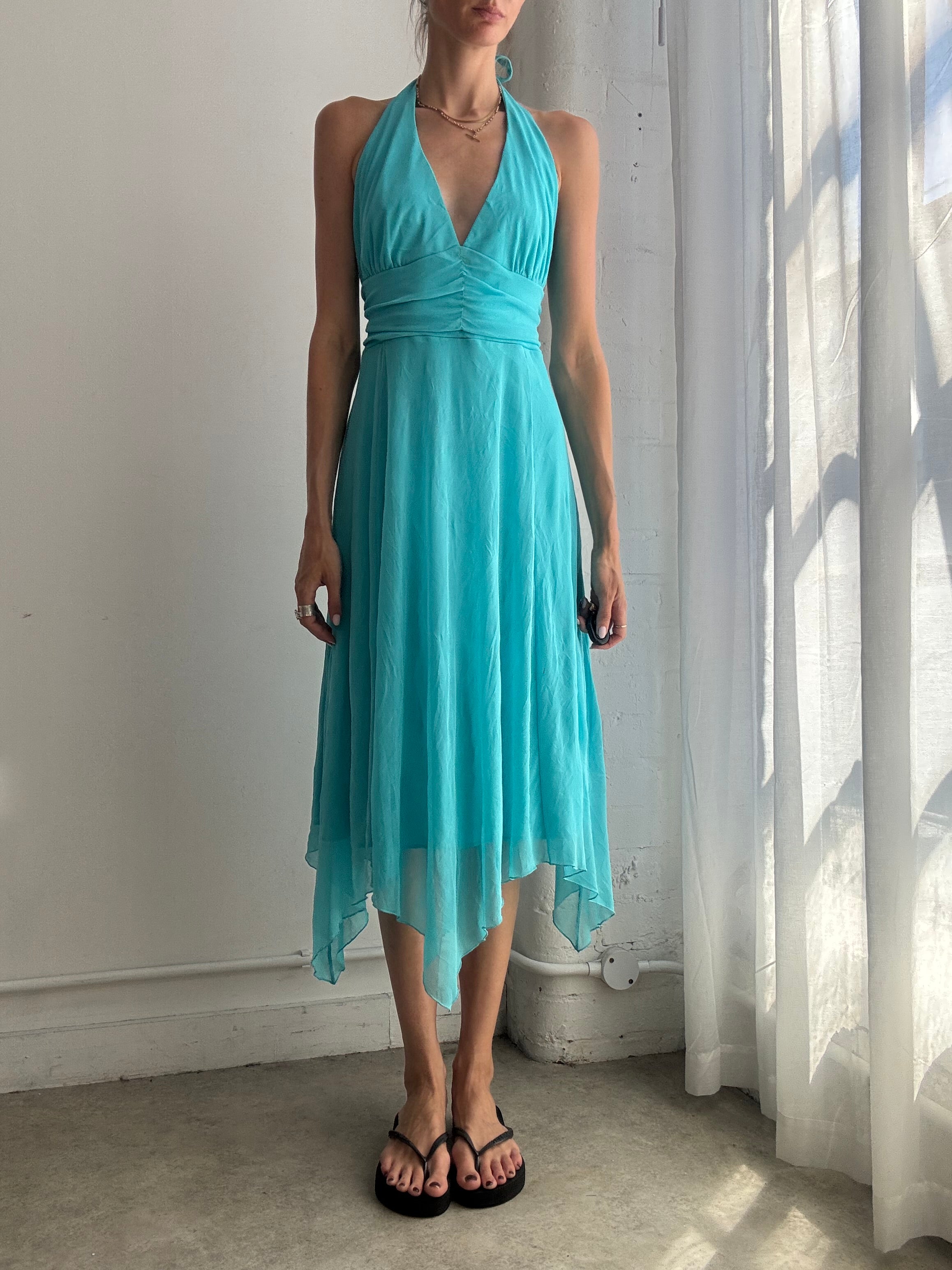 Vintage Turquoise Asymmetric Hem Halter Dress Y2K - Size L