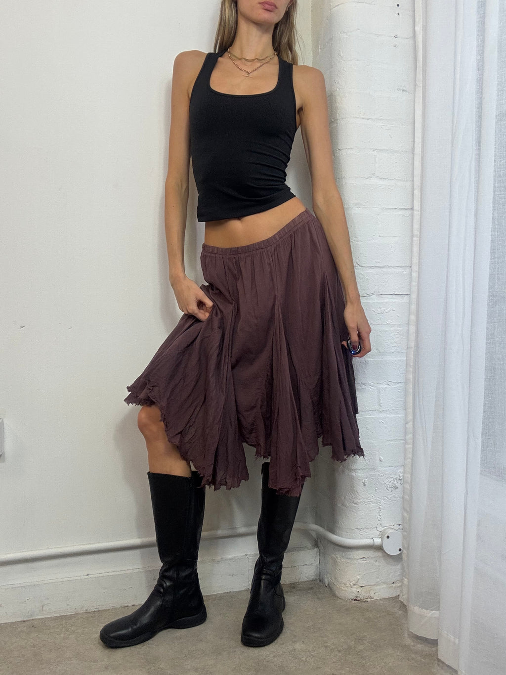 Vintage Y2K brown cotton asymmetric floaty midi skirt