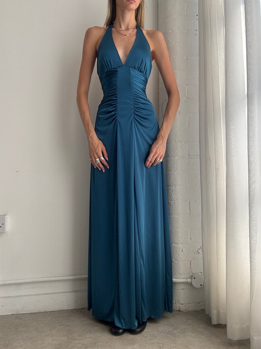 Vintage Y2K Teal Grecian Maxi Dress – Ruched Halterneck Evening Gown - Size S