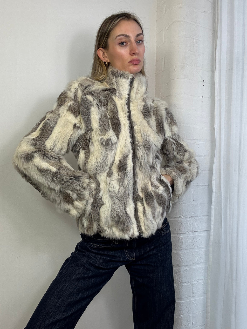 Vintage Y2K genuine fur zip up bomber jacket