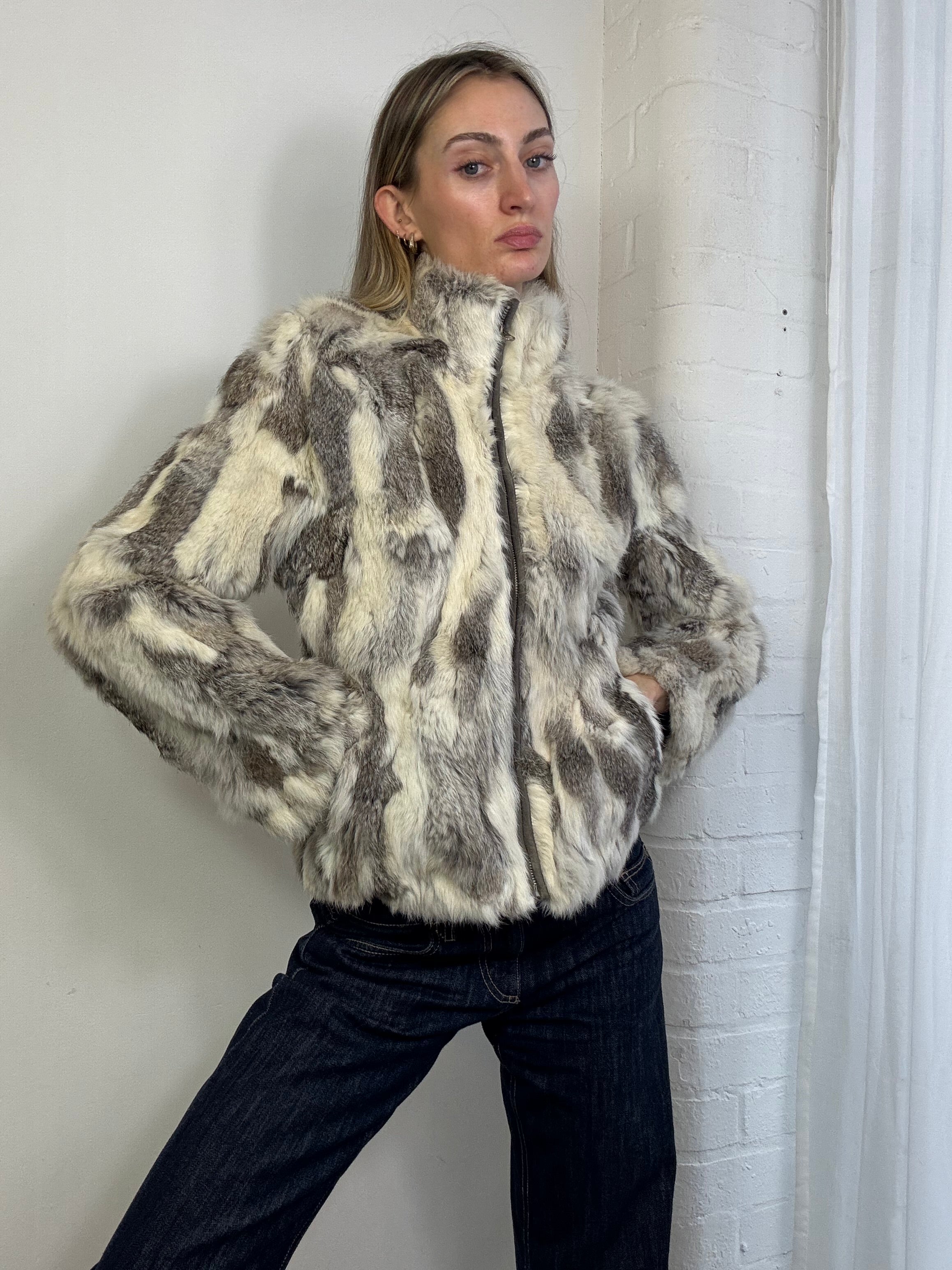 Vintage Y2K genuine fur zip up bomber jacket