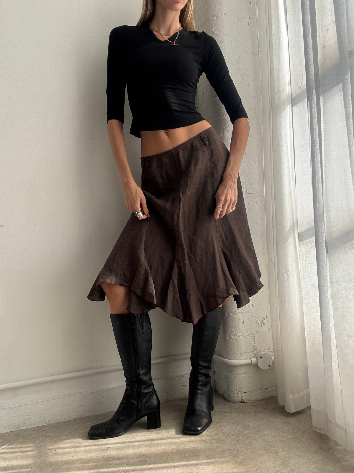 Vintage Y2K Chocolate Brown Asymmetric Midi Skirt - Size M