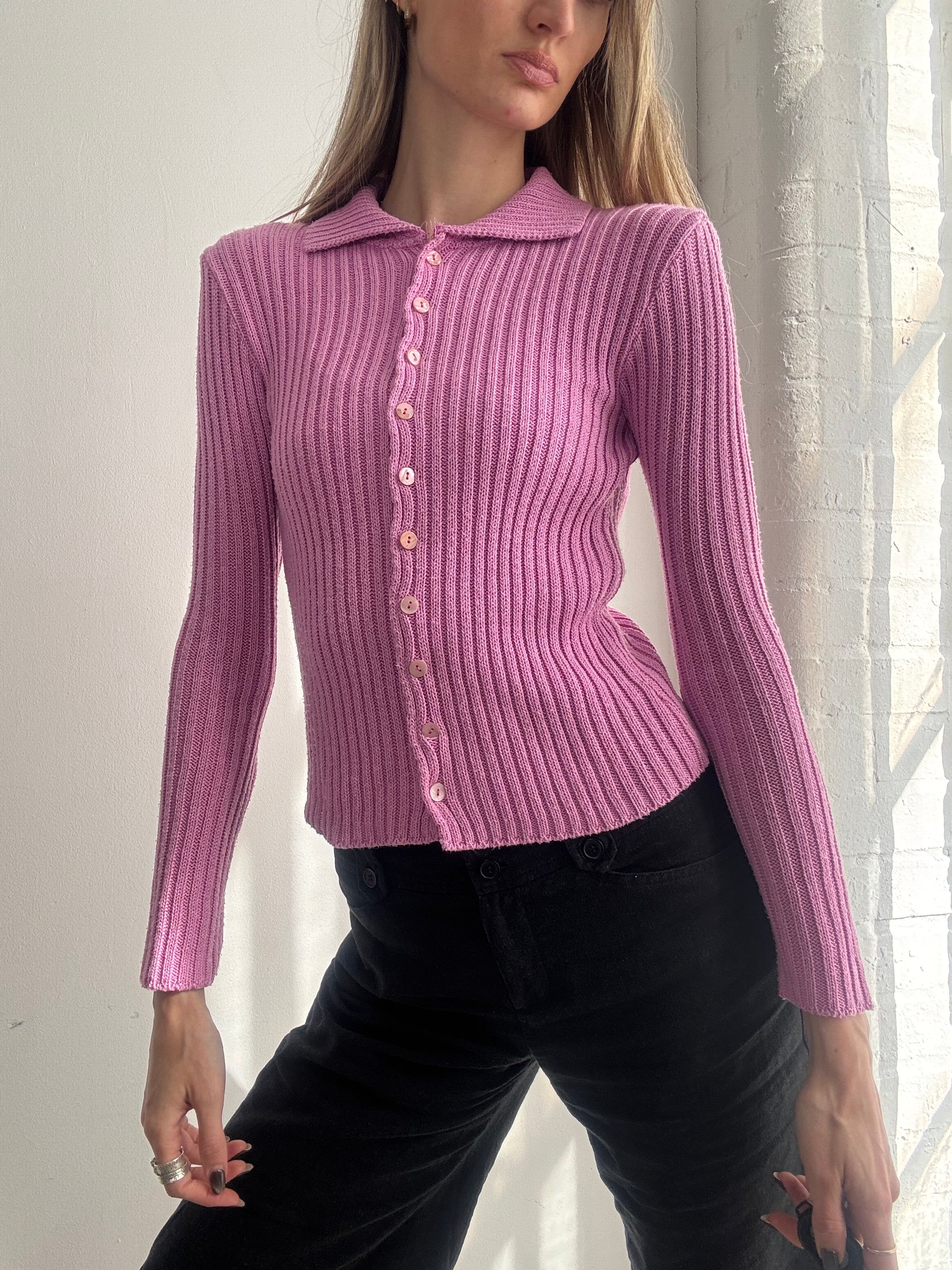 Vintage Y2K pink ribbed cardigan top - Size S