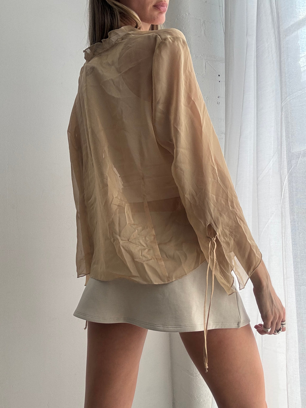 Vintage Y2K sheer champagne tie blouse - Size L