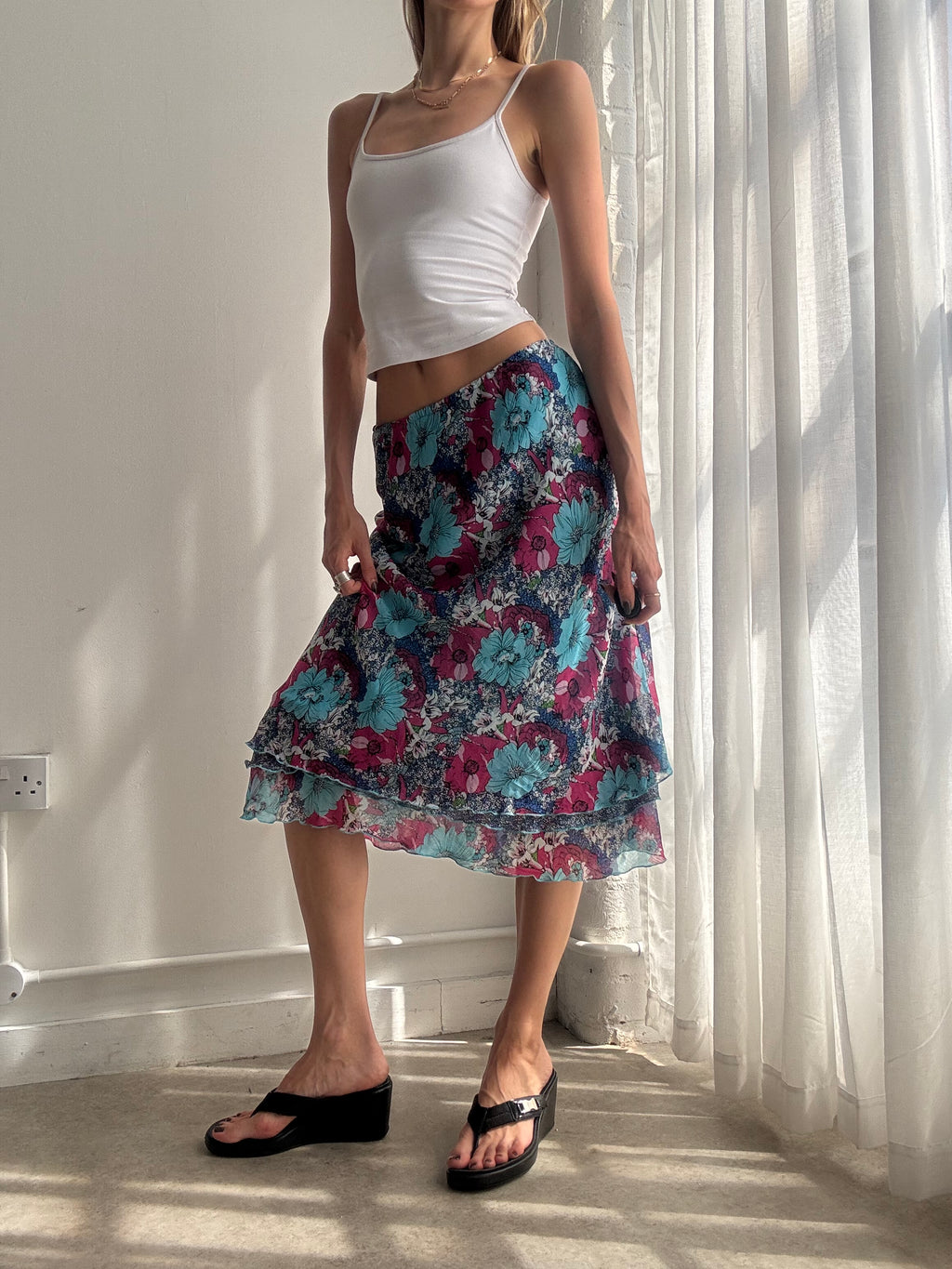 Vintage blue floral mesh midi skirt - Size L