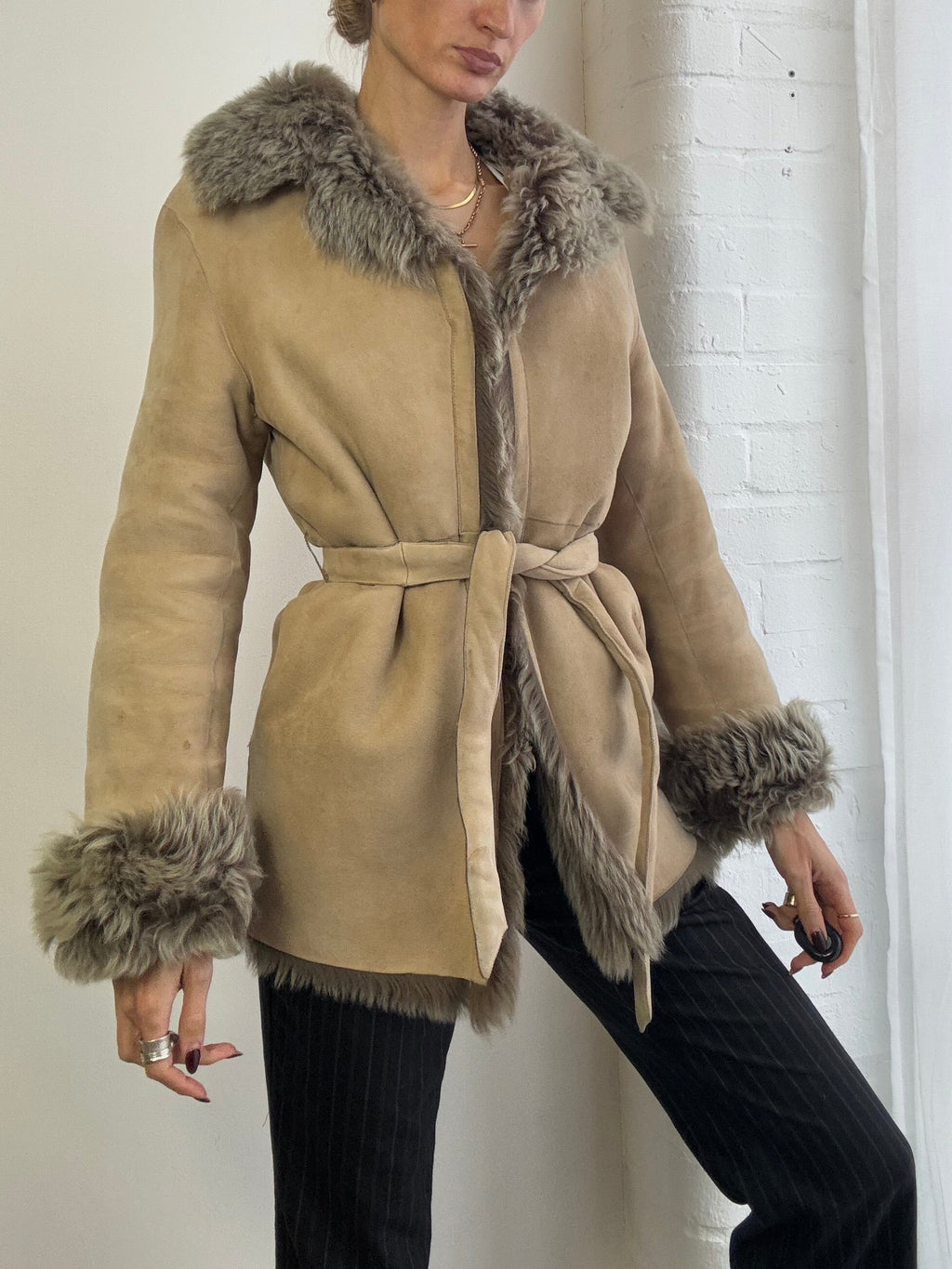 Vintage genuine sheepskin suede coat belted
