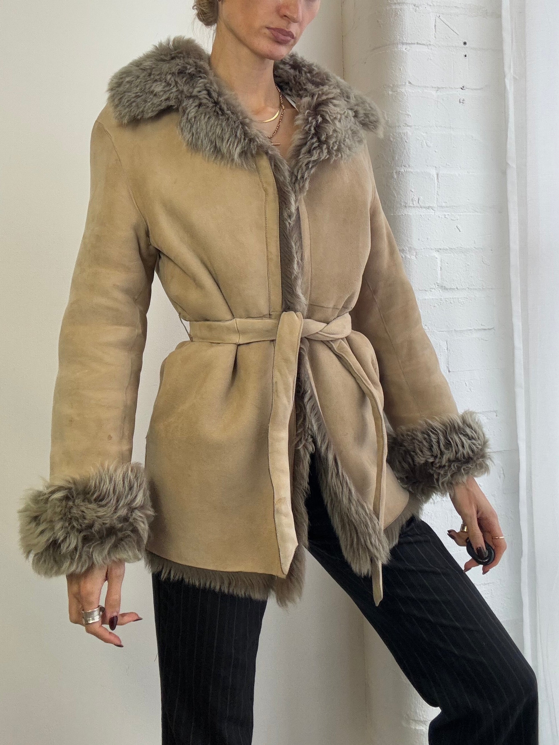 Vintage genuine sheepskin suede coat belted