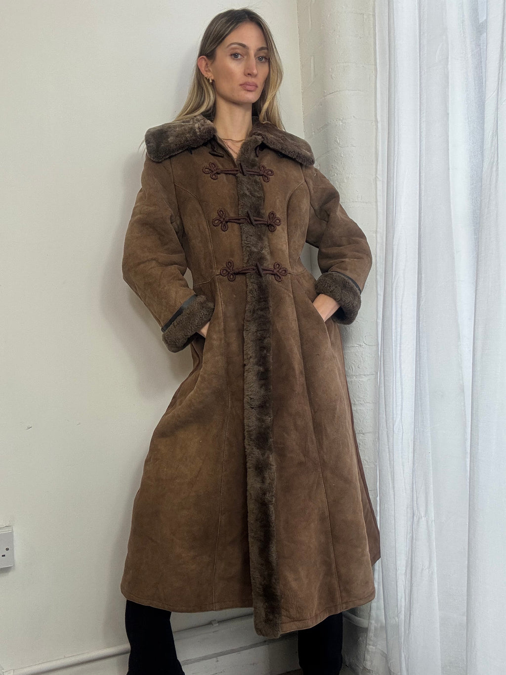 Vintage genuine suede sheepskin long brown coat