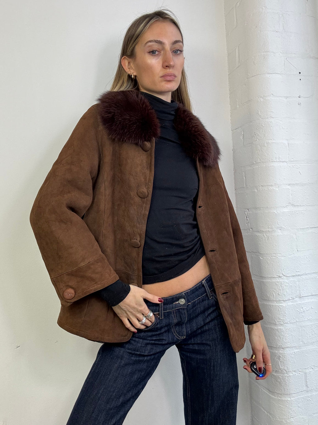 Vintage sheepskin coat with fox fur trim