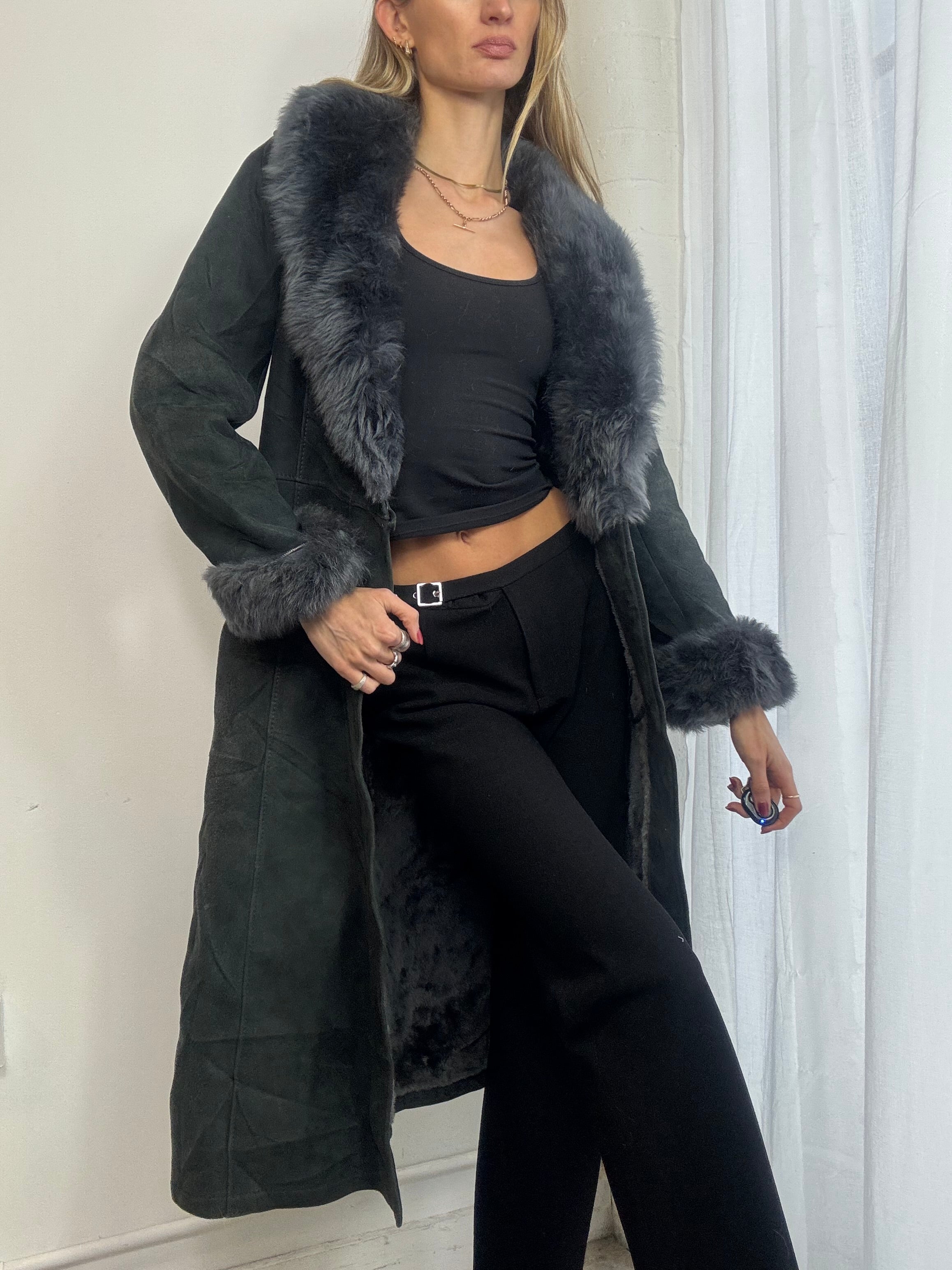 Vintage 90s long blue sheepskin suede coat fur trim