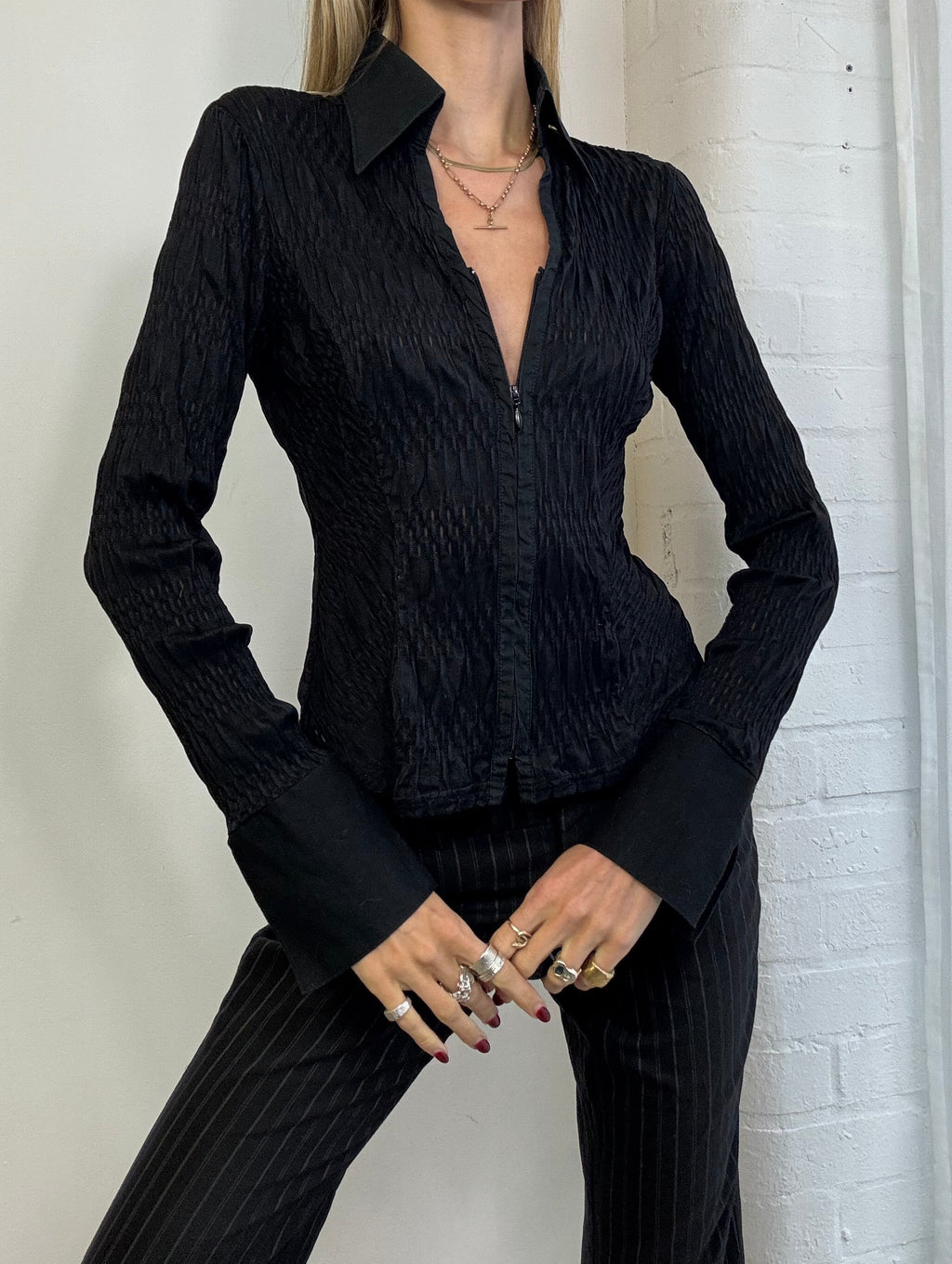 Vintage Y2K zip up black pinstripe shirt