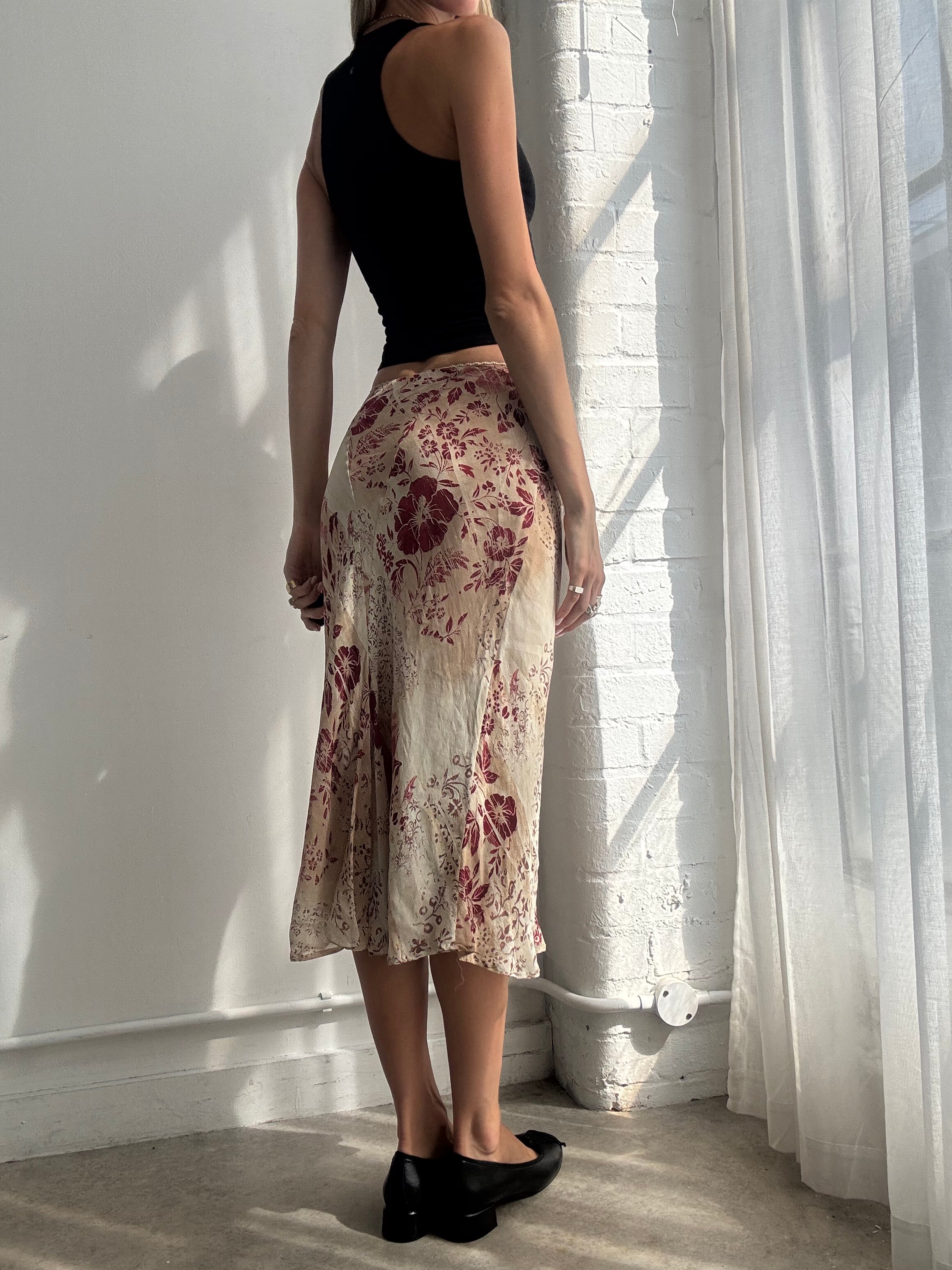 Vintage Y2K Cream Floral Bias Cut Mesh Midi Skirt - Size XS