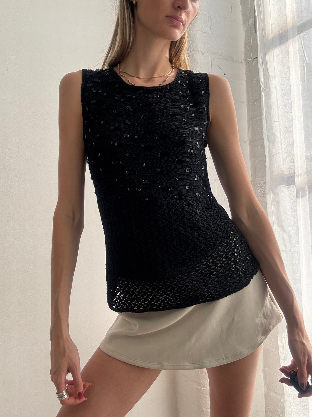 Vintage Y2k Crochet Boat Neck Top Sequin Black