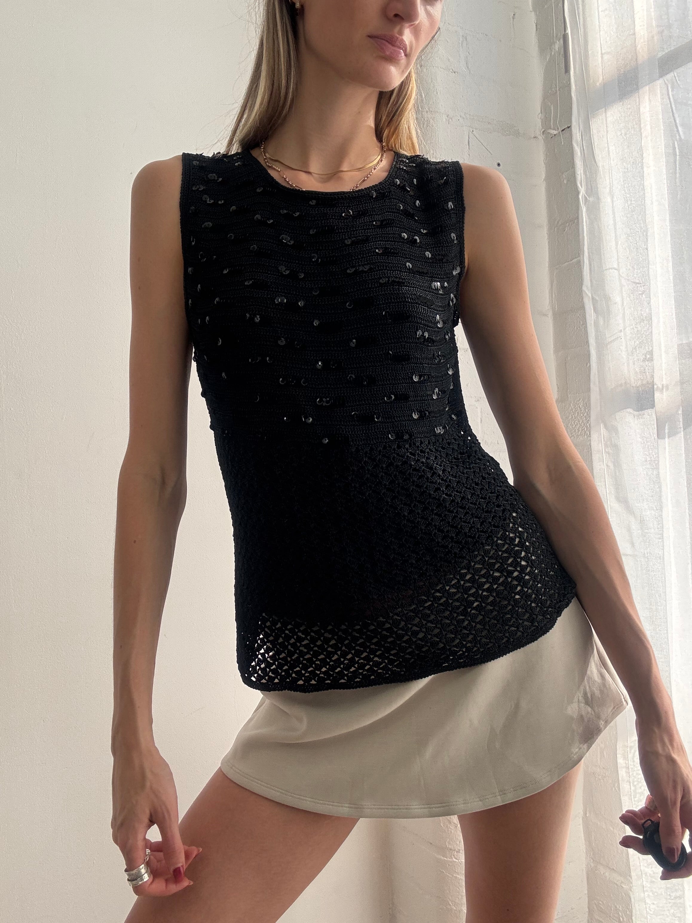 Vintage Y2k Crochet Boat Neck Top Sequin Black